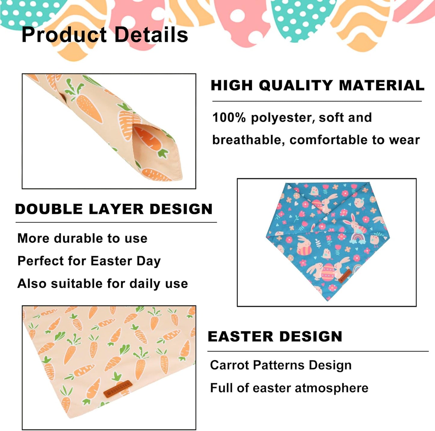 ADOGGYGO Easter Dog Bandanas, Rabbit Carrot Puppy Scarf, Multi Size Offered, Orange Blue Easter Bandana for Small Dogs Pets (Small)