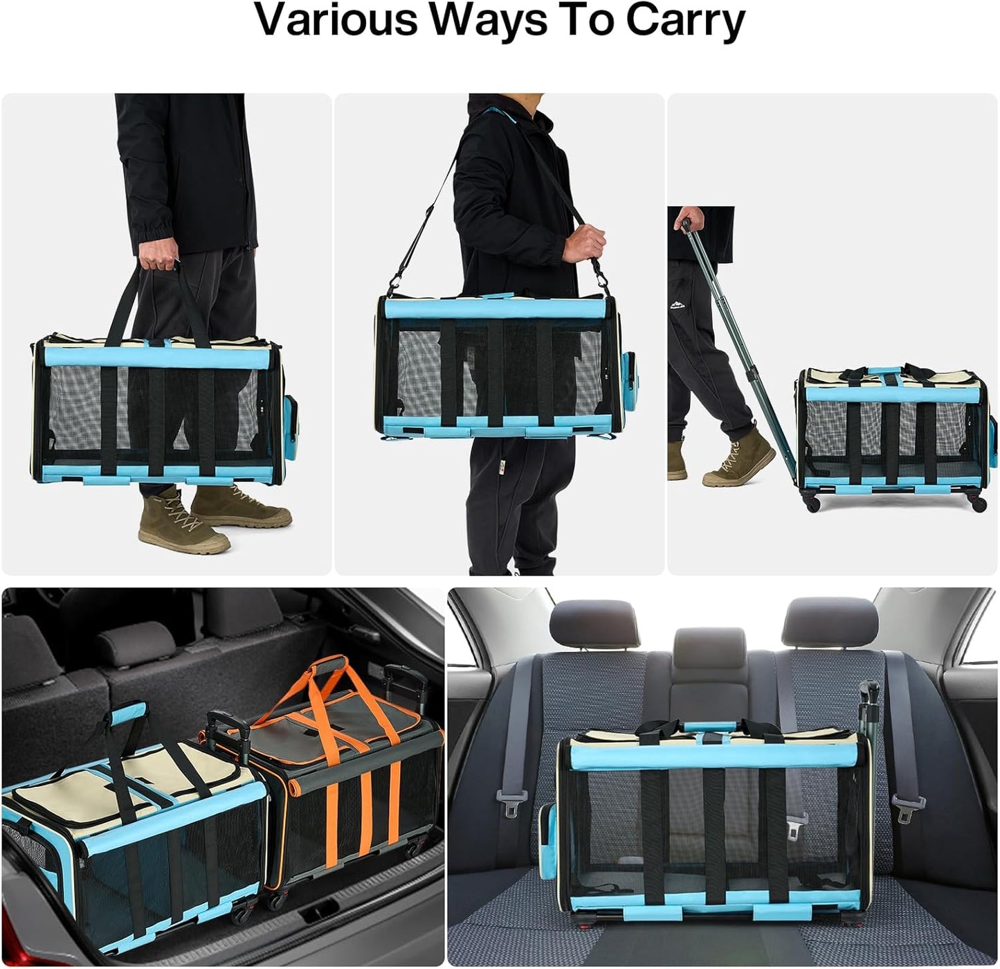 MILADA Large Cat Carrier for 2 Cats, Soft Big Pet Carrier with Wheels, Double Cat Carrier on Wheels, Rolling Pet Carrier for Travel Hiking Shopping and Camping（Not for Air Travel）, Blue