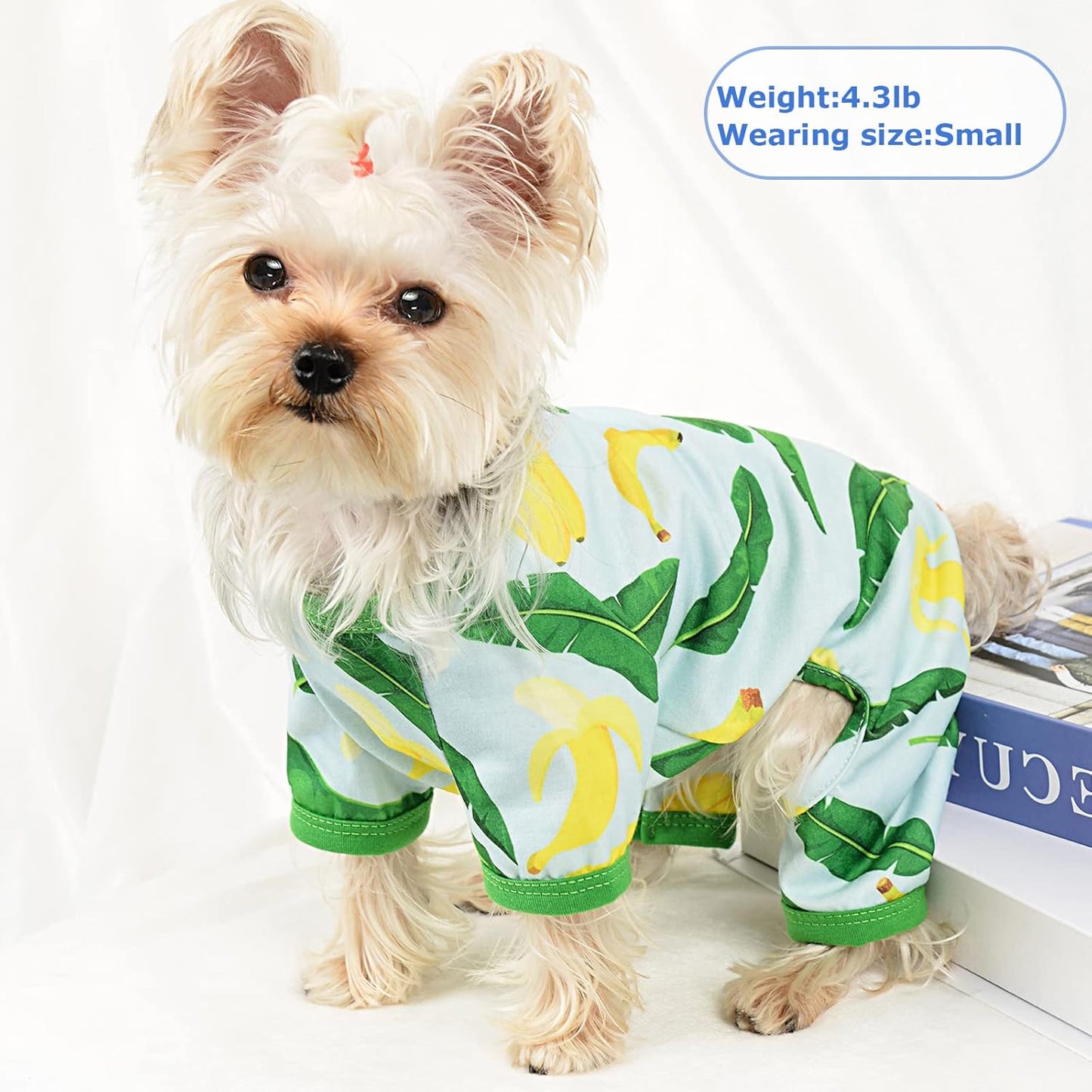 PinkBow Dog Pajamas, Banana Graphics, X-Small, 1.5-3.3lb, Polycotton, for Small Dogs & Cats