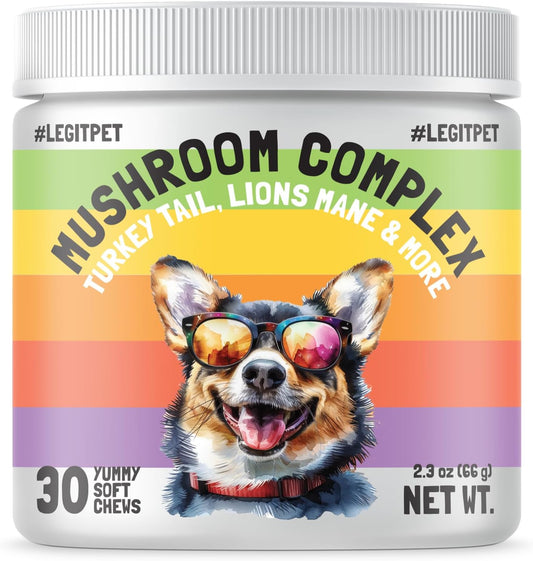 Mushroom Complex Treats for Dogs with Reishi, Shiitake, and Turkey Tail Mushrooms for Cognition and Immune Boosting Supports Digestive Health and Reduces Inflammation DHA EPA Turmeric Kelp 30 Chews