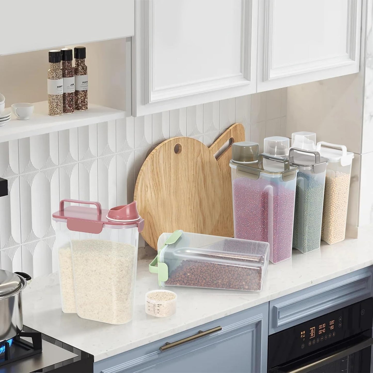 5-7Lbs Cat Dog Storage Container, Portable Pet Food Containers with Upgraded Large Spout and Cup, Small Animal Kibble Dispenser for Bird Seed, Oatmeal, Rice, Flour (1, Pink, 5L)