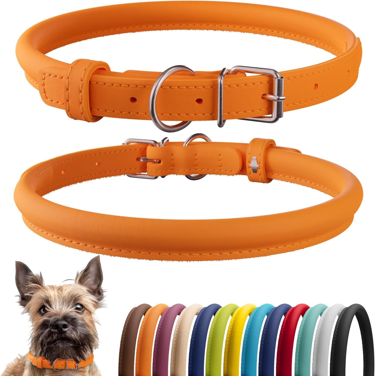 CollarDirect Rolled Leather Dog Collar, Soft Padded Round Puppy Collar, Handmade Genuine Leather Collar Dog Small Large Cat Collars 13 Colors (8-11 Inch, Orange Smooth)