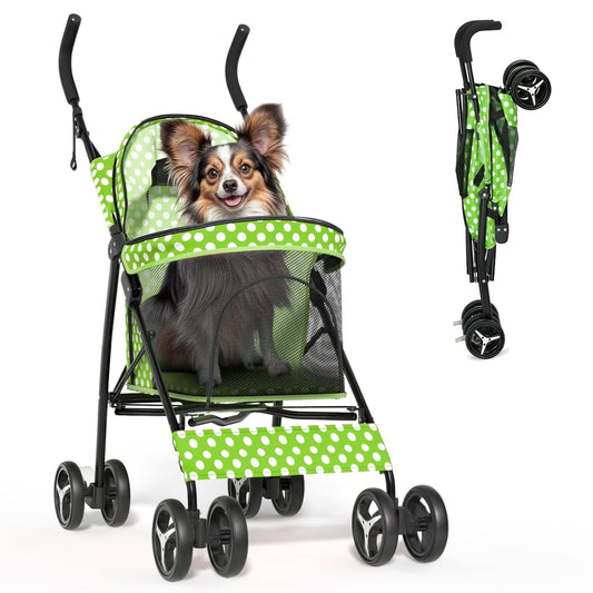 Magshion Compact Pet Stroller for Small-Medium Dogs/Cats up to 22lbs, 4-Wheel Lightweight Umbrella Shaped Portable Puppy Travel Jogger with Breathable Mesh & Rear Storage, Lawn Green Polka Dots