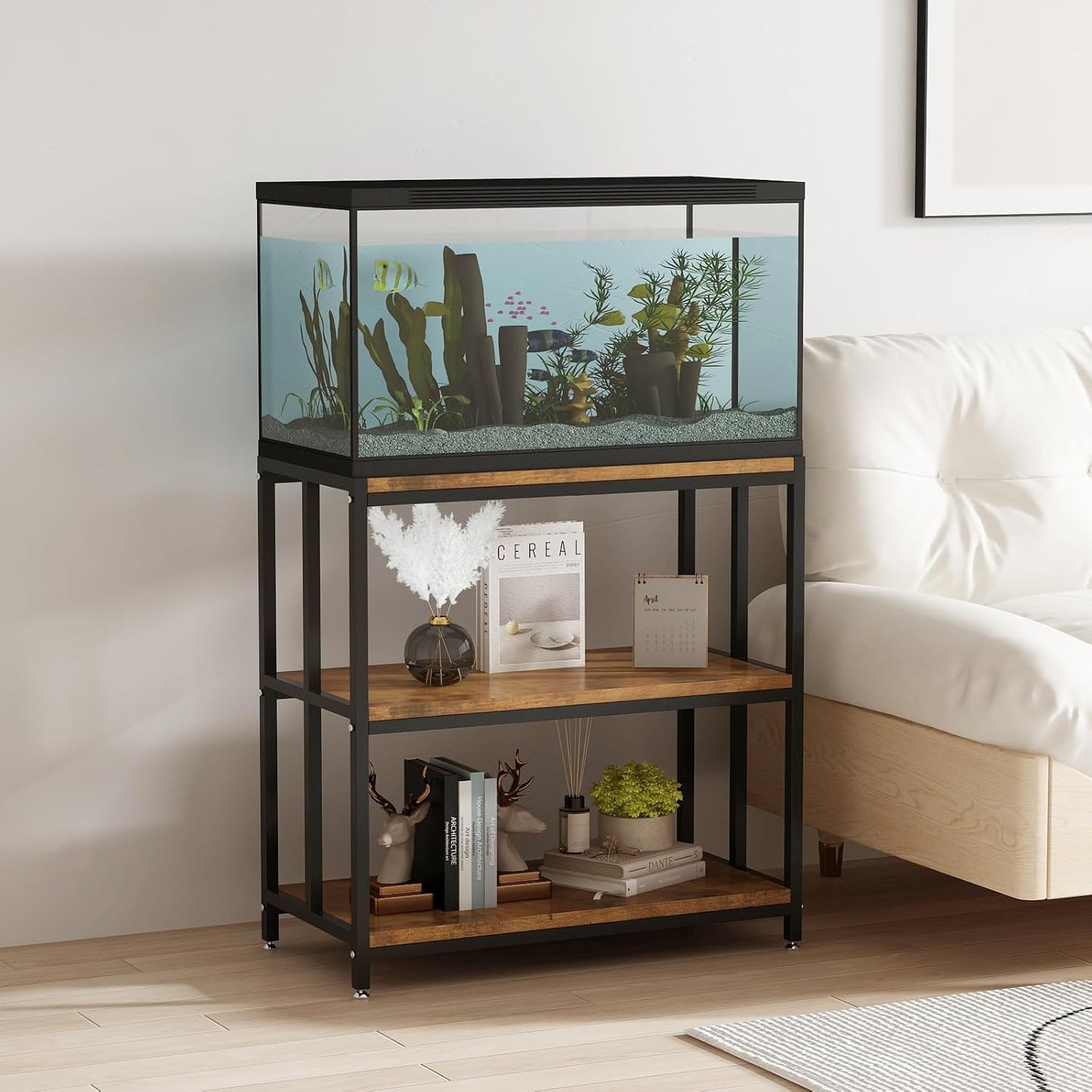 20 Gallon Metal Aquarium Stand with Shelves for Fish Tank Accessories Storage, Reptile Tank Turtle Terrariums Stand for Home Office (Black)