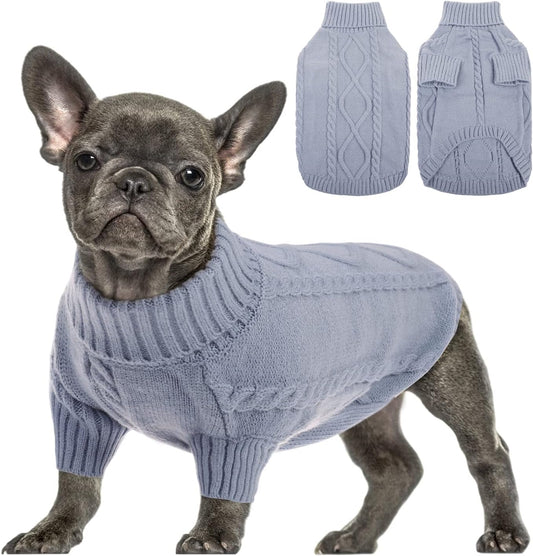 Queenmore Small Dog Pullover Sweater, Cold Weather Cable Knitwear, Classic Turtleneck Thick Warm Clothes for Chihuahua, Bulldog, Dachshund, Pug, Yorkie (Grey, Small)