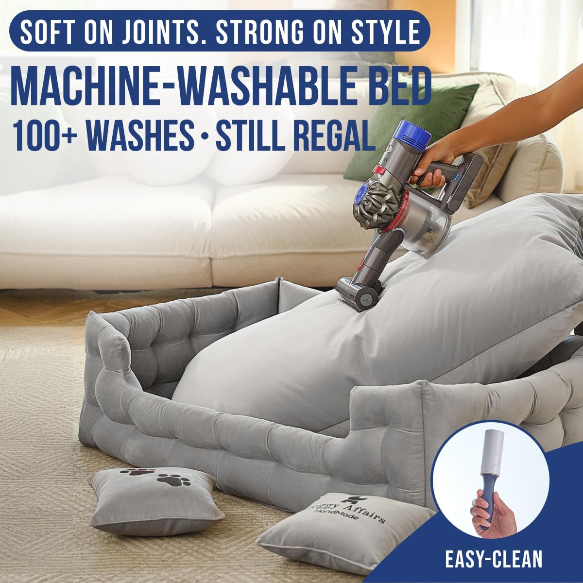 Luxury Dog Bed Chesterfield – Handcrafted Velvet Throne for Dogs | Joint Support, Calming & Temp-Regulating Comfort | Durable 5+ Years, Anti-Claw, Washable 100+ Times – XL, Grey