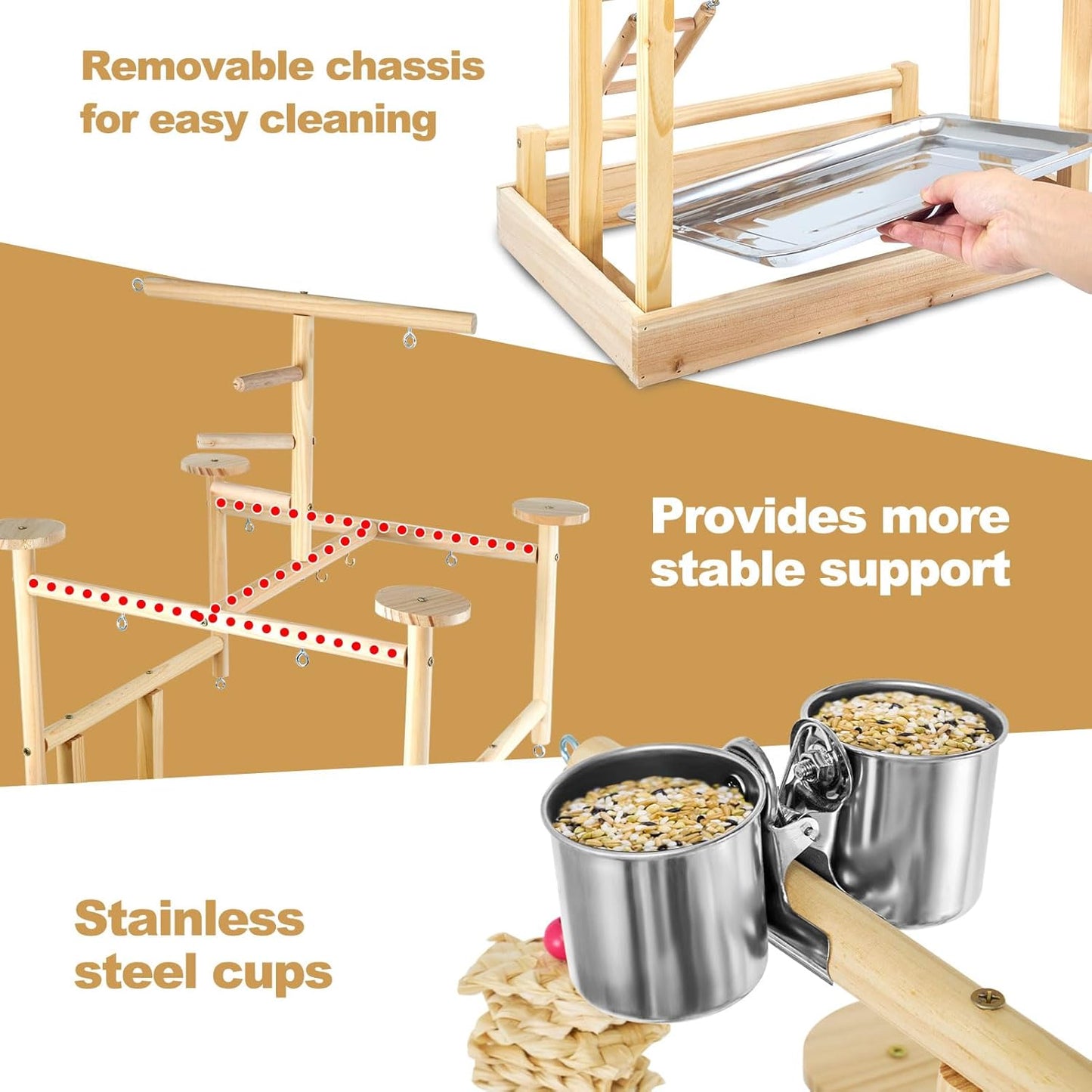 Bird Playground - Natural Wood Parrot Playstand with Perches, Bird Play Gym & Accessories, Removable Tray & 4 Stainless Steel Cups