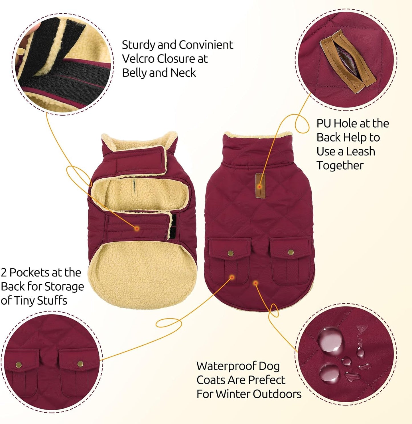 Queenmore Dog Winter Coat Warm Puffer Jacket Waterproof Plush Lining Thermal Cold Weather Vest for Small Medium Large Dogs, Windproof Easy On Pet Jacket Burgundy XS