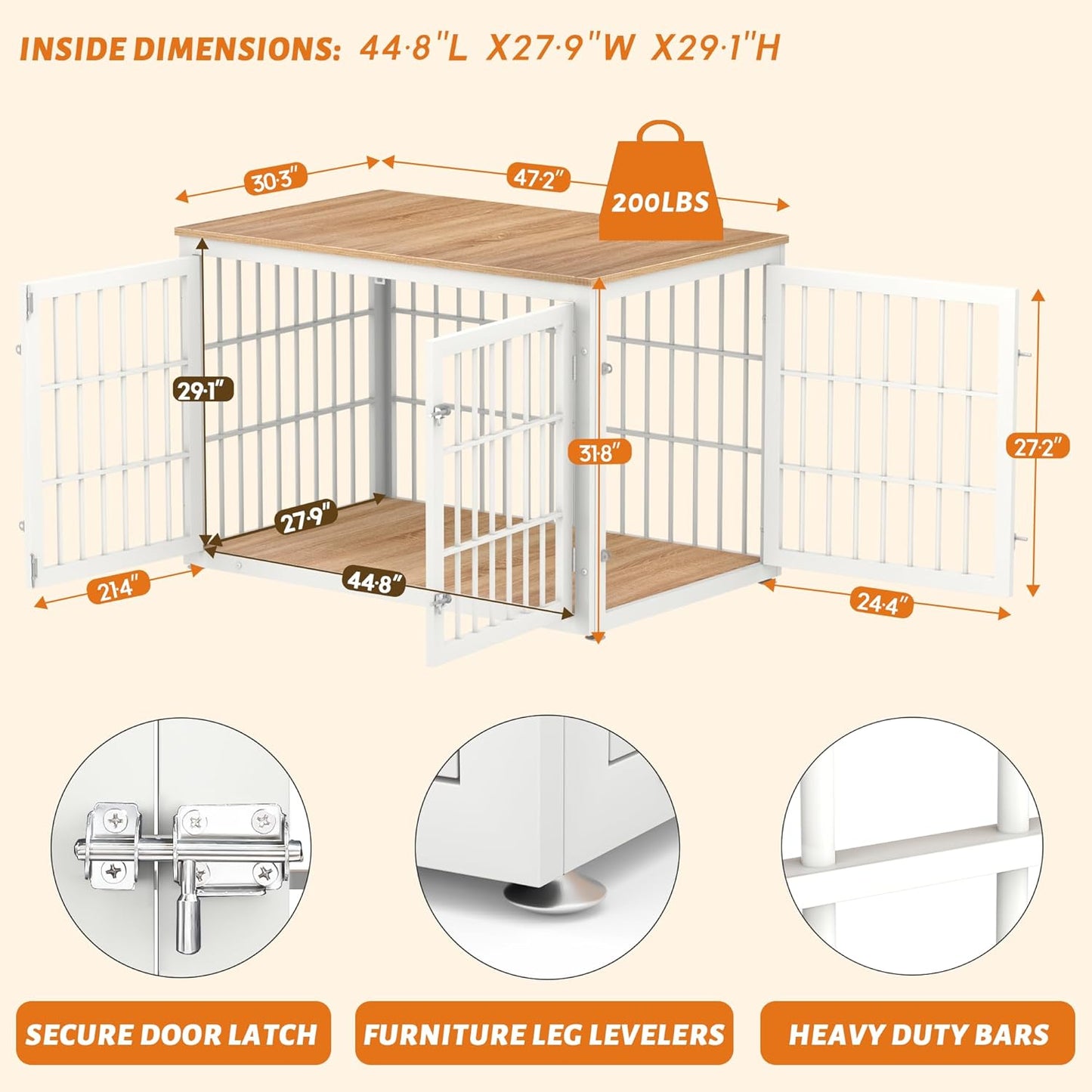 48 Inch Heavy Duty Dog Crate Furniture for Large Dogs, Decorative Pet House End Table, Extra Large Wooden Cage Kennel Furniture Indoor, Natural and White