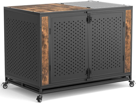 48" Heavy Duty Dog Crate Furniture for Extra Large Dogs, Enclosed Design with 0.5 inch Holes, Indestructible Metal Kennel for High Anxiety Dogs, Chew Proof Pet Cage House Indoor, Brown