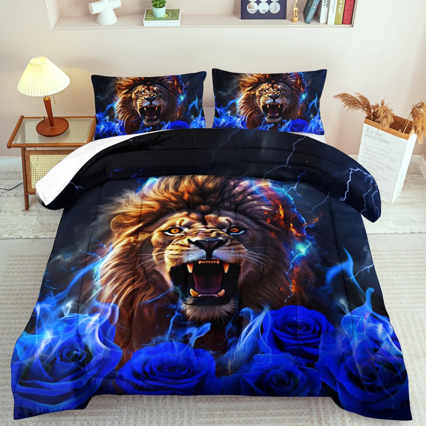 Lion Blue Comforter Set King,Lion Bedding Set Boys,Animal Print Comforter Bedroom Decor for Home,Vintage Floral Quilt,Blue Flower Bedding Adult,Tiger Quilt Bed Decor Teen
