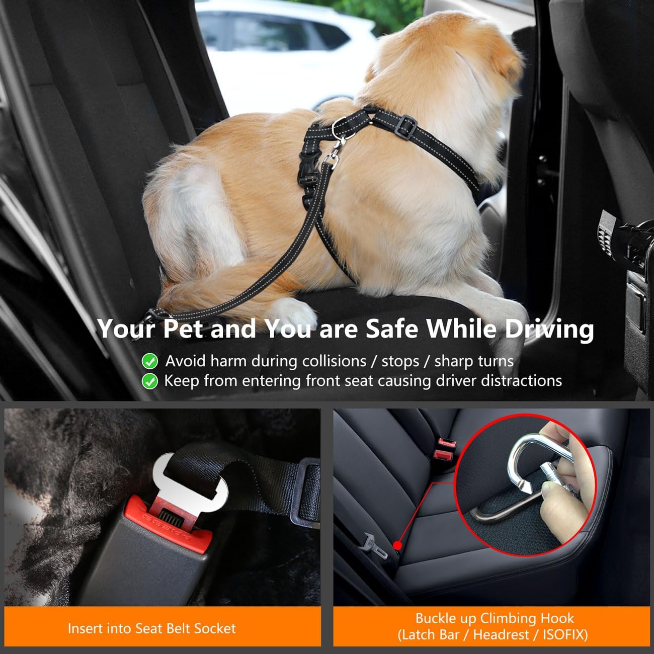 Dog Seat Belt Harness for Car, Dog Car Harness Adjustable Mesh Breathable & Dogs Seatbelt Safety Tether with Elastic Bungee for Small Medium Large Pets(Carbon Black, S)