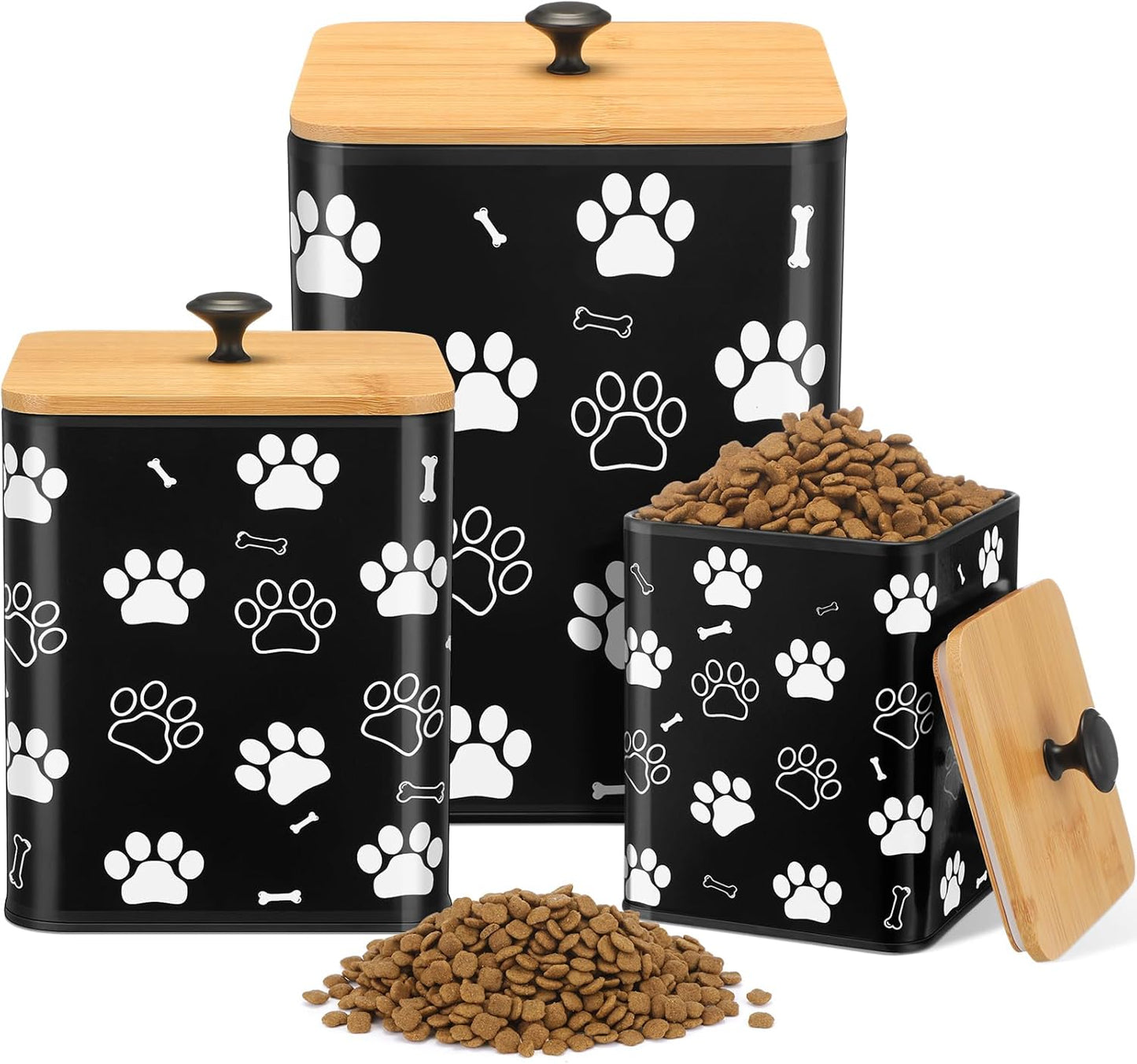 3 Pack Airtight Dog Food Containers with Bamboo Lids, Metal Dog Treat Jars Canisters for Kibble, Biscuits, Snacks, Cookies, Pet Food Storage Set for Kitchen Counter(Black)