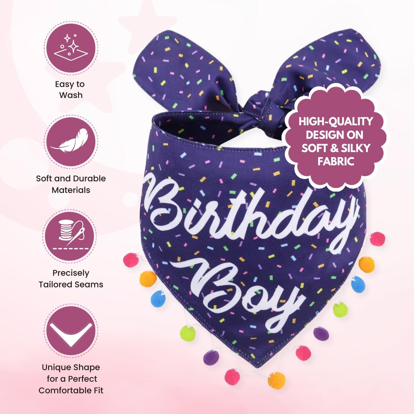 LunaMarie - Luxury Pet Birthday Bandanas -Premium & Silky Poly Fabric | 100% Handmade | Custom Shape Dual Layered (Birthday Boy, Medium)
