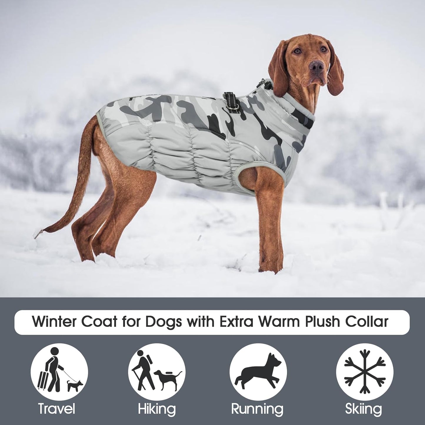 FUAMEY Dog Coat for Large Dogs,Waterproof Dog Winter Jacket with Harness Built in Puppy Cold Weather Coats Reflective Pet Vest with Zipper Warm Fleece Dogs Snowsuit Windproof Grey Camo XXXL