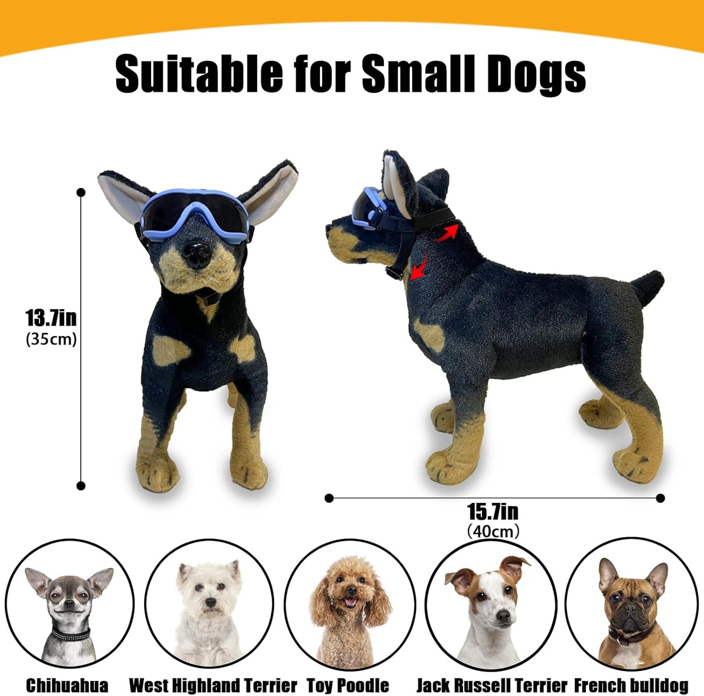 Dog Goggles Small Breed Dog Sunglasses with Adjustable for UV Protection Eyewear Doggy Doggie Puppy Glasses Anti-Fog Wind Dust Snowproof (Blue Frame Black Lens)