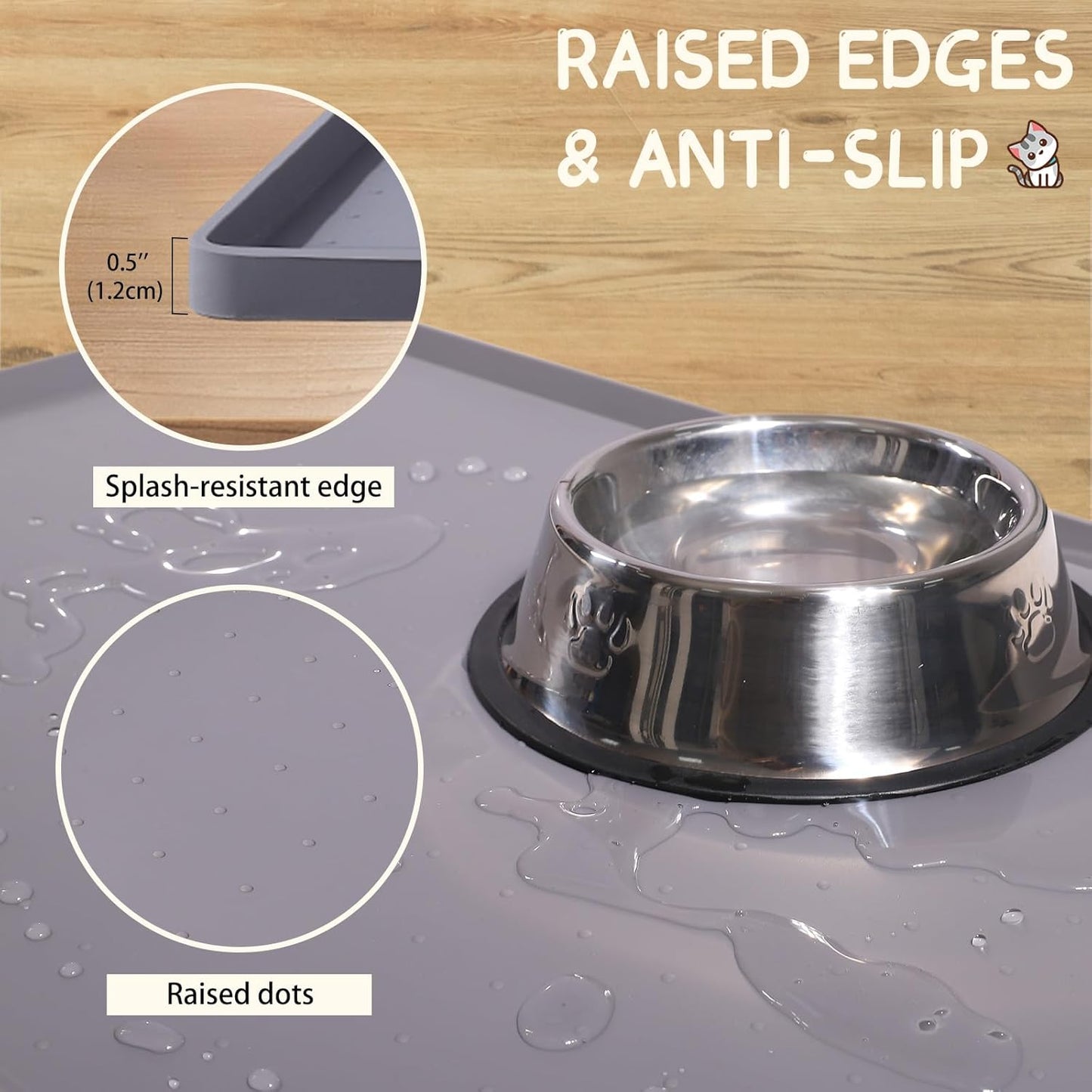 MateeyLife Silicone Cat & Dog Food Mat for Floors Waterproof, Anti-Slip Dog Bowl Mats for Food and Water, Pet Feeding Mats with Lip to Prevent Spills, Pet Placemat for Messy Drinkers to Protect Floors