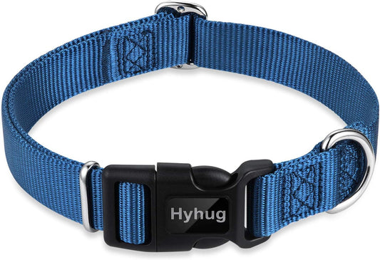 Hyhug Pets Solid Color Classic Regular Heavy Duty Basic Collar Medium Breeds Dogs, Unique Design Adjustment Triglide Slide (Buckle) Can Attached Name Tag Accessories. (Medium, Classic Blue)
