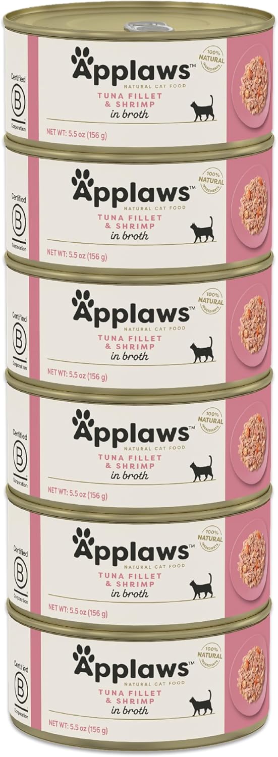 Applaws Natural Wet Cat Food in Broth, Limited Ingredient Canned Wet Cat Food, No Additives, Made with Natural Ingredients, Tuna Fillet & Shrimp in Broth (6 x 5.5oz Cans)