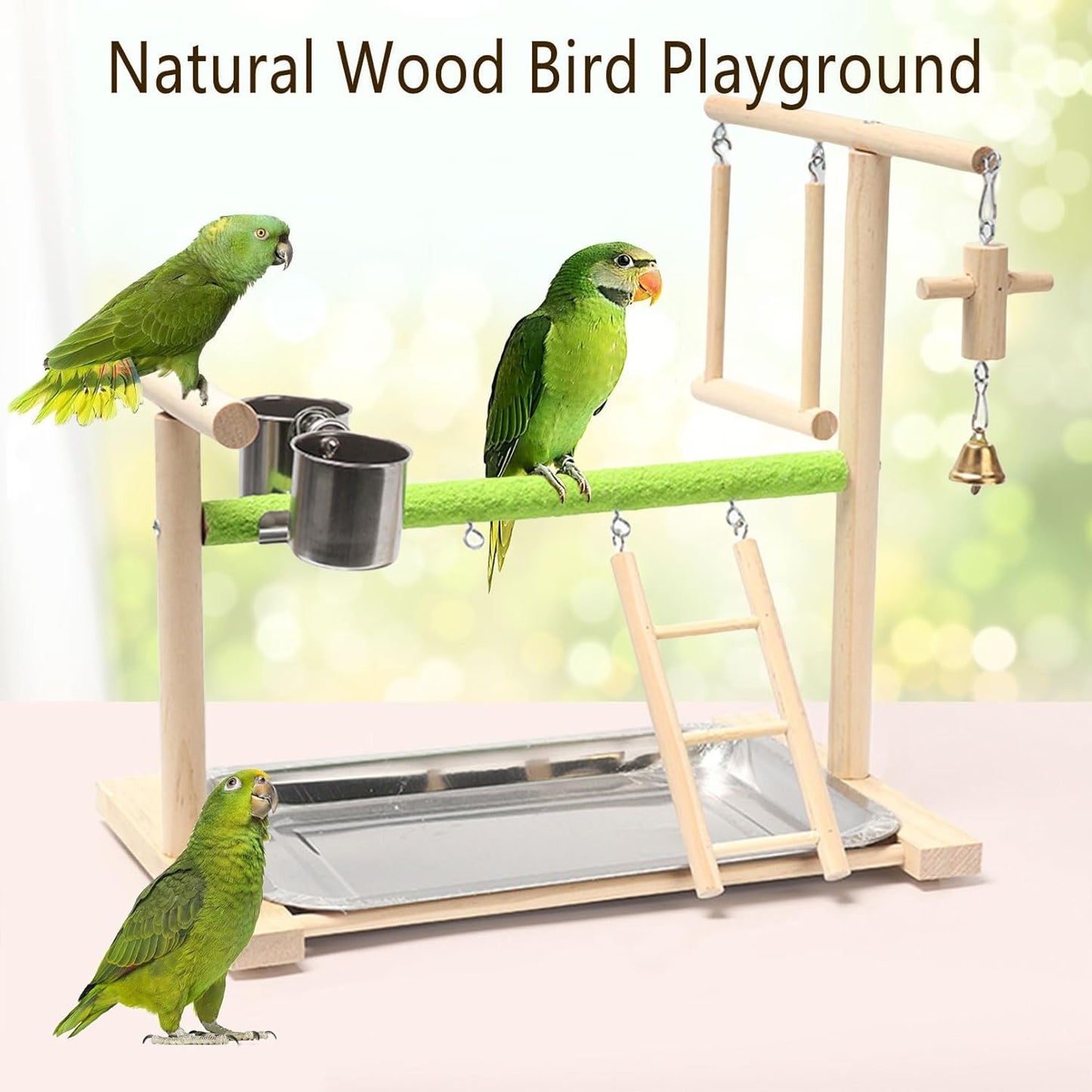 Birds Playground Parrot Playstand Birds Perch Stand Gym Natural Wood Play Stand with Ladder Swing Feeder Cups for Parakeets Cockatiels Lovebirds Conures Budgies