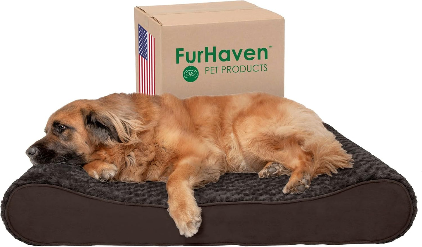 Furhaven Orthopedic Dog Bed for Large Dogs w/ Removable Washable Cover, For Dogs Up to 150 lbs - Ultra Plush Faux Fur & Suede Luxe Lounger Contour Mattress - Chocolate, Jumbo Plus/XXL