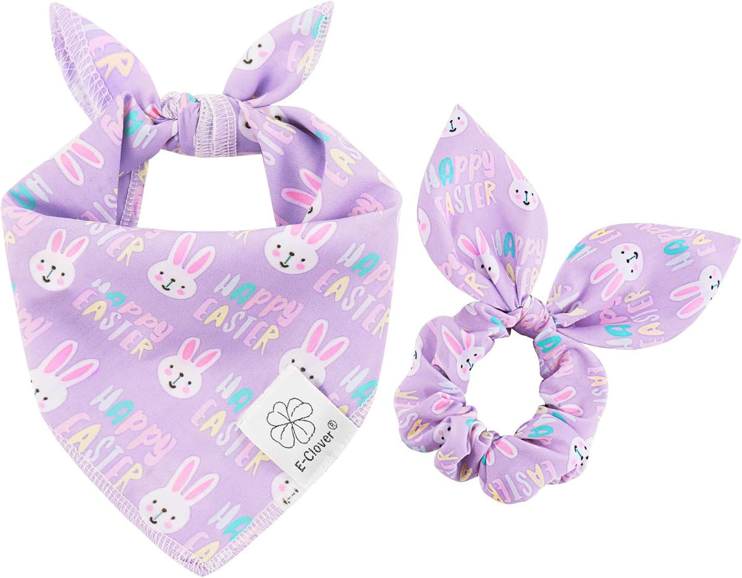 E-Clover Easter Dog Bandana & Matching Scrunchie-Bunny Dog Bandanas Pet Scarf Bib for Samll Dogs Puppy Girl Boy Owner Gift Purple
