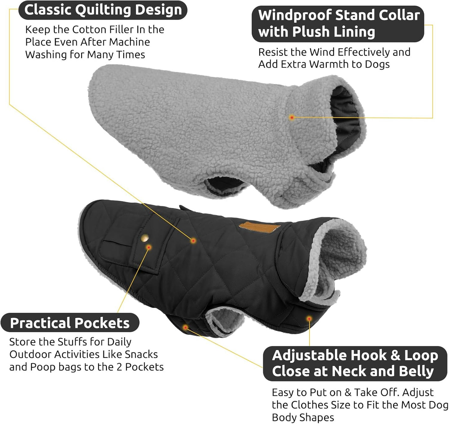 Queenmore Dog Winter Coat Warm Puffer Jacket Waterproof Plush Lining Thermal Cold Weather Vest for Small Medium Large Dogs, Windproof Easy On Pet Jacket Black L