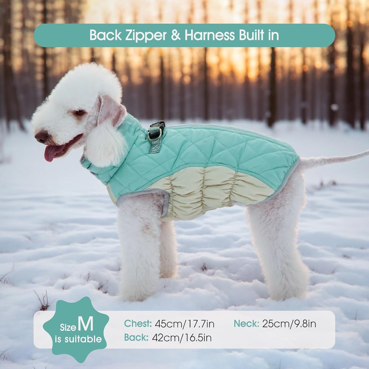 FUAMEY Dog Coat for Large Dogs,Waterproof Dog Winter Jacket with Harness Built in Puppy Cold Weather Coats Reflective Pet Vest with Zipper Warm Fleece Dogs Snowsuit Windproof Mint Green XXXL
