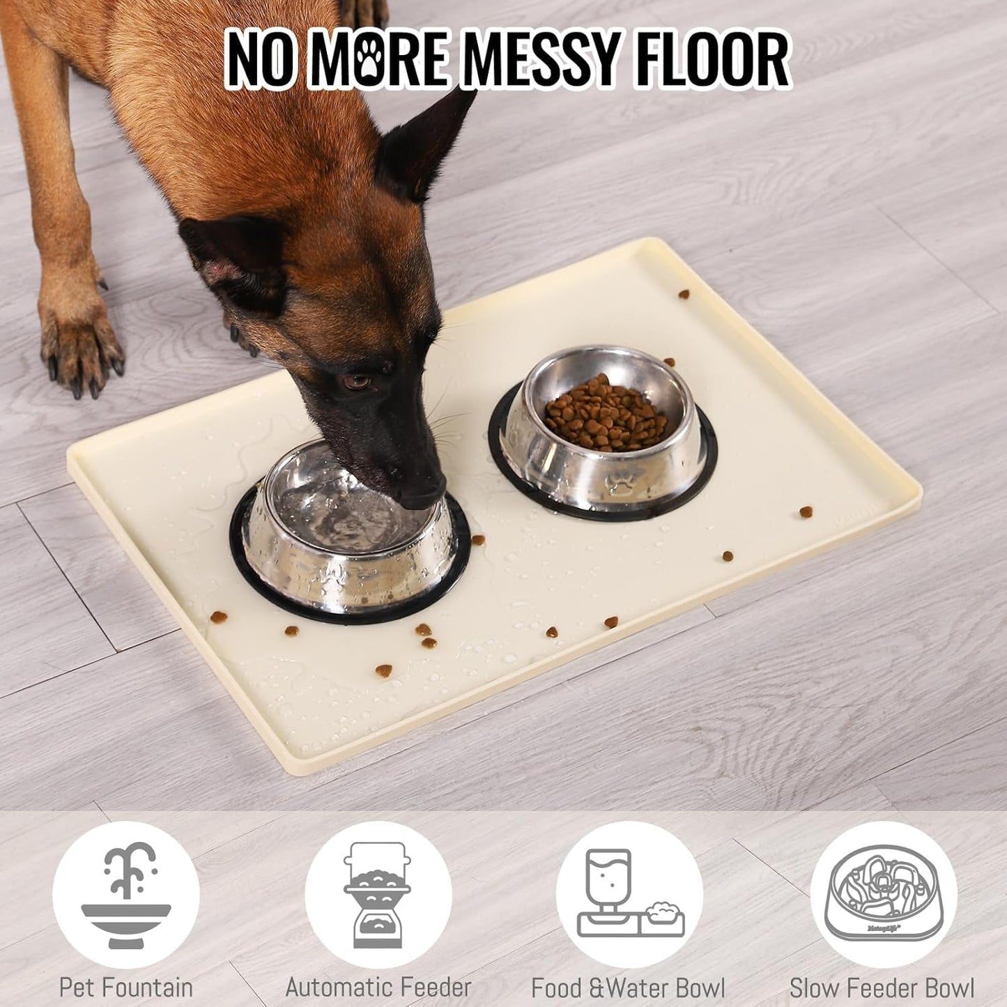 MateeyLife Dog & Cat Food Mat, Waterproof & Nonslip Silicone Feeding Mats for Dogs and Cats, Raised Edge Tray for Messy Drinkers, 18"x12", Beige