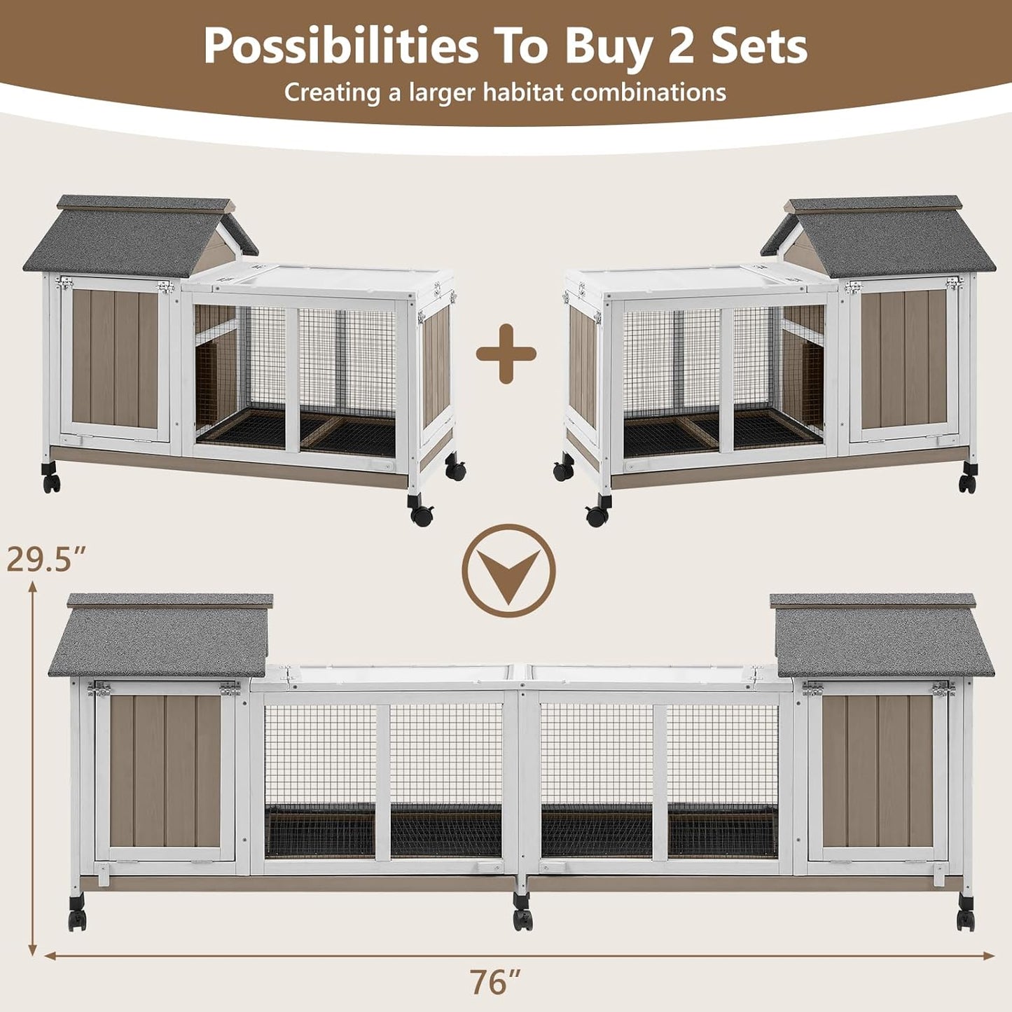 38''L Rabbit Hutch Outdoor Indoor with Wheels, Wooden Expandable 2 Story Bunny House Rabbit Cage with Run, Waterproof Roof, Pull Out Tray, Guinea Pig Cage Chicken Coop for Small to Medium Pets