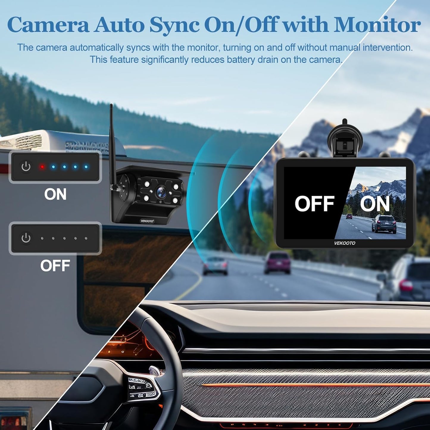 2 Magnetic Solar Wireless Backup Camera with 7'' IPS Touchscreen, 15,000mAh Rechargeable, Auto Sleep, No Wiring, 1080P Night Vision Wireless Backup Camera for Trucks, RV, Trailer, Camper VEKOOTO VK7-2