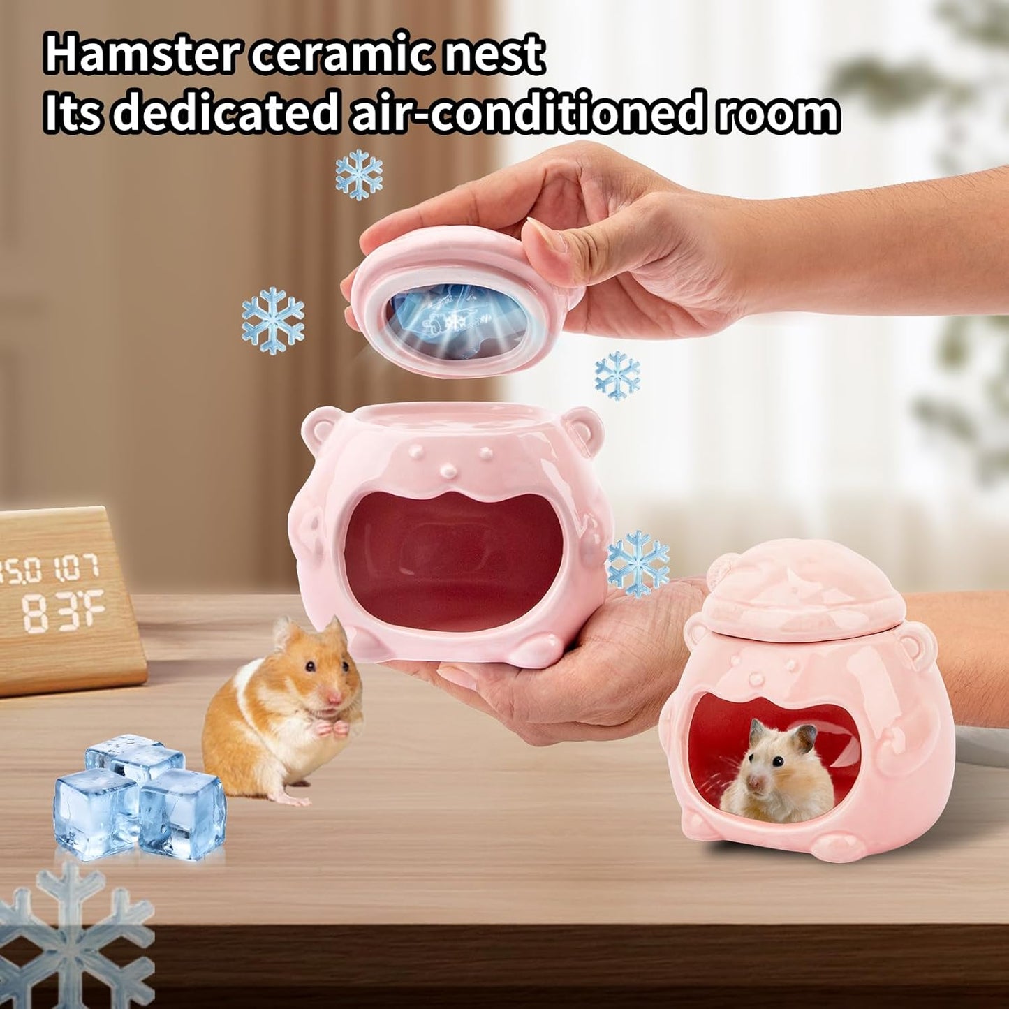 3-in-1 Bear Shaped Ceramic Hamster House - Cool House for Syrian Dwarf Hamsters, Mice, Gerbils， Small Pets, Top for Hamster Food, Removable Lid for Ice Packs, Cute Cool Hideout for Summer（Pink）