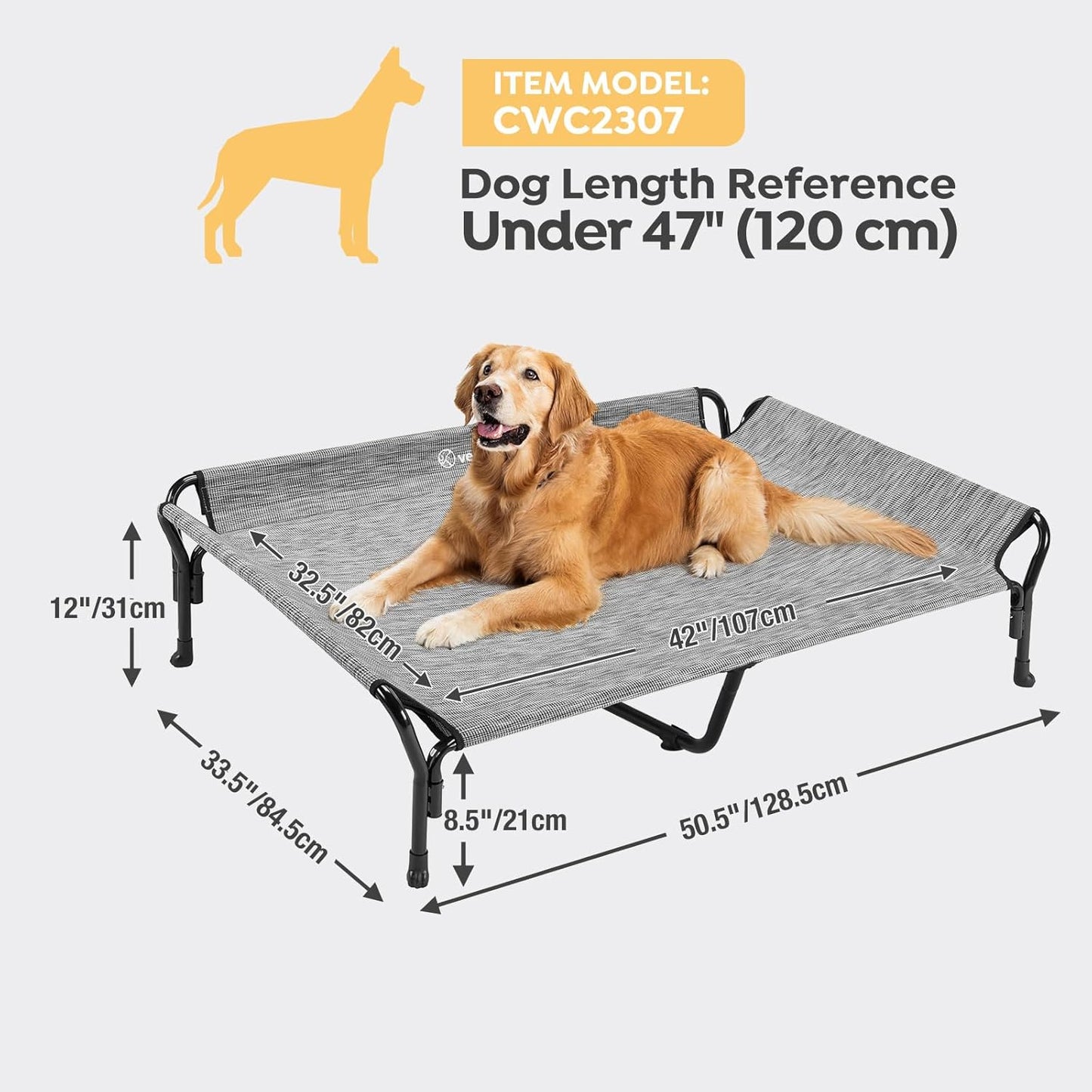 Veehoo Cooling Elevated Dog Bed, XL Raised Pet Cot with Guardrail & Slope Headrest, Durable Breathable Teslin Mesh, Non-Slip Feet, Washable Dog Couch Bed for Indoor & Outdoor, X Large, Black Silver