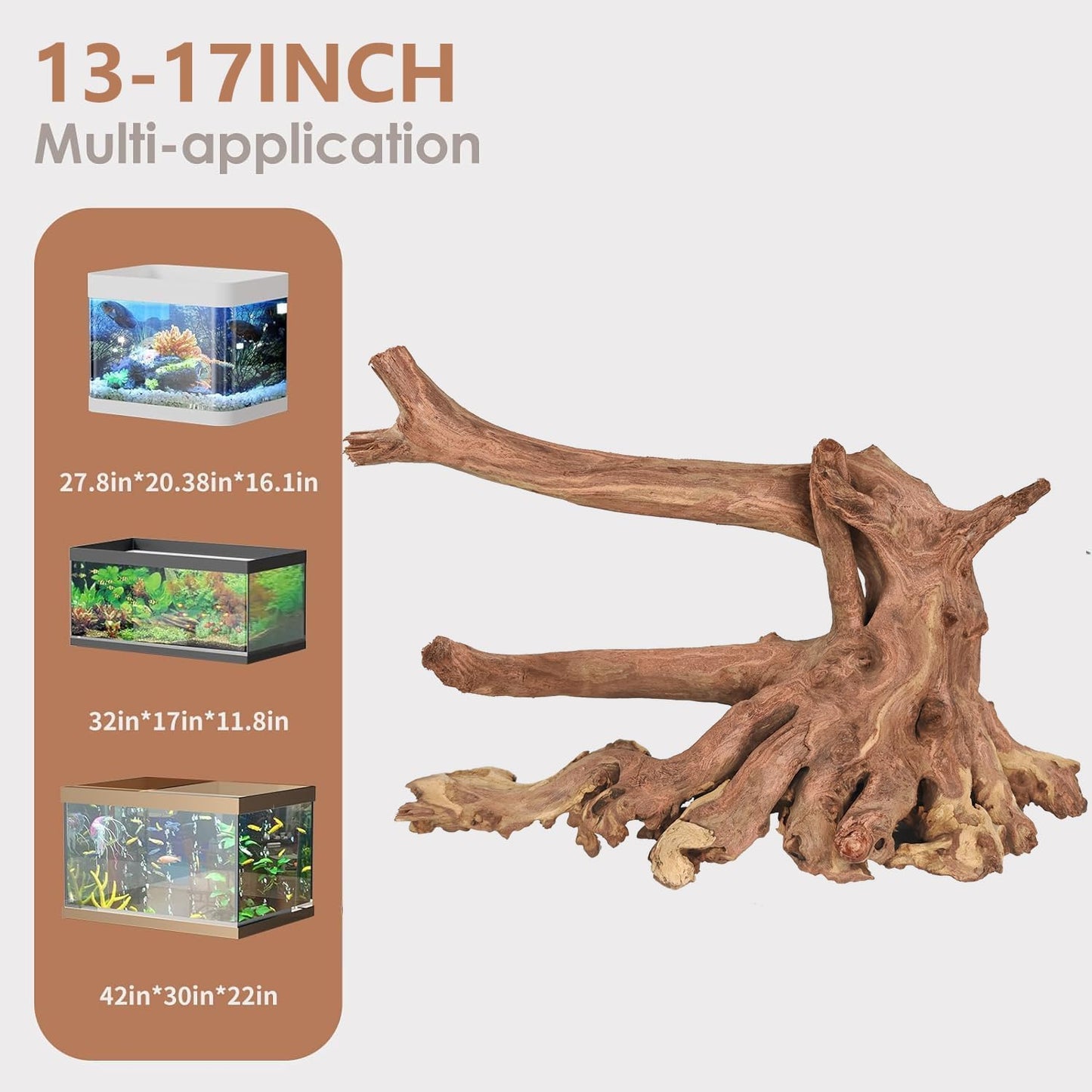 Natural Large Aquarium Driftwood for Fish Tanks & Reptile Terrariums – 100% Safe Fish Tank Decorations, Unique Twisted Branches 1-Piece 13-17 Inch Low Tannin, Easy to Sink