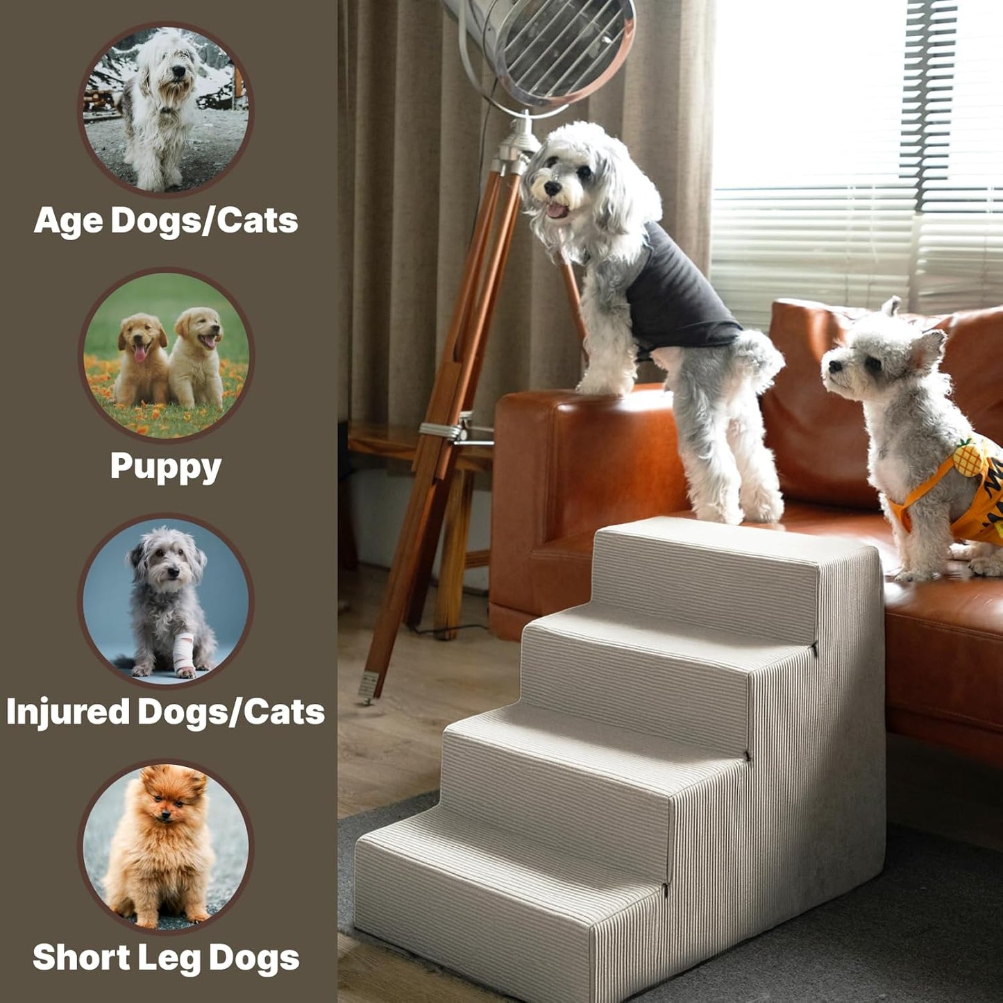 MEWANG Dog Stairs for Small & Medium Dogs and Old Cats –3/4/ 5 Steps High-Density Foam Pet Ramp for Bed & Couch, Non-Slip, Washable Cover, Grey (Square Corner, 4 Steps: 23.94''×18.27''×14.96'', 2)