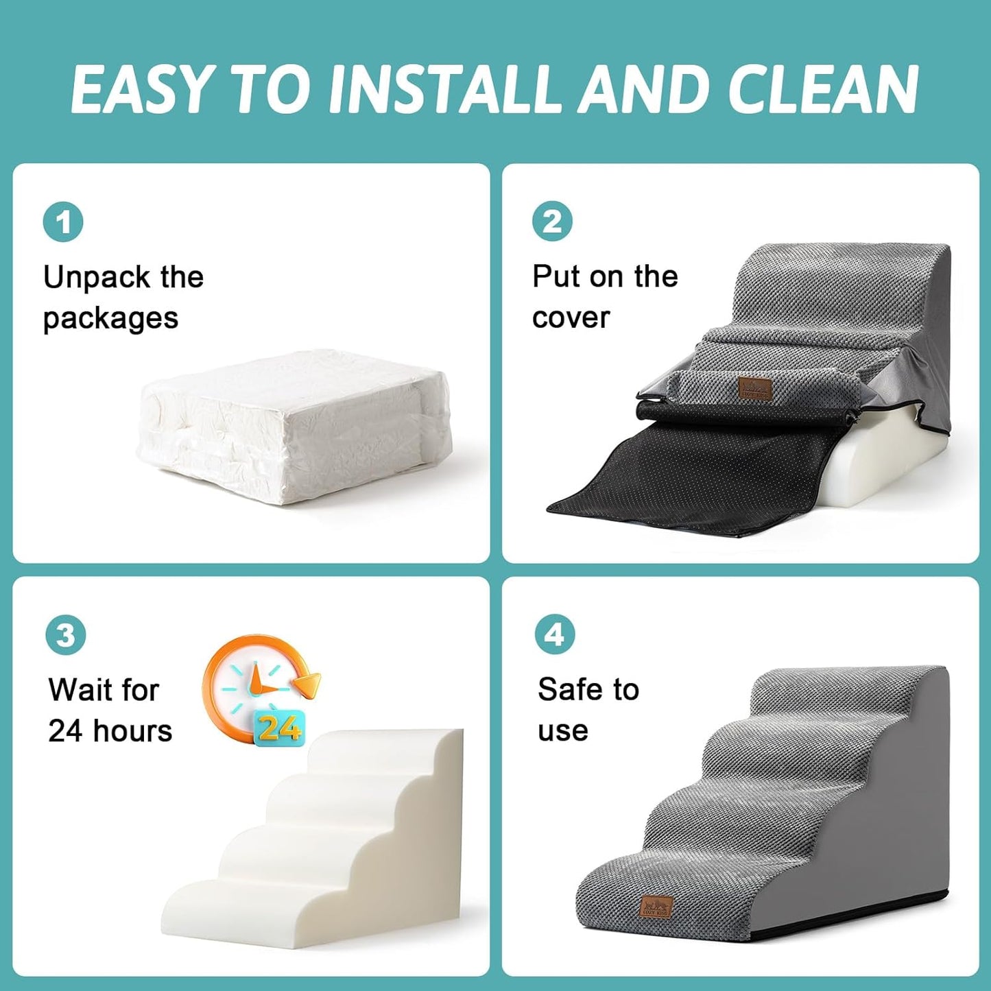 Dog Stairs for Small Dog 22.6" H, Curved Pet Step for Puppy, Older Cat, Medium Pet Ramp for High Bed, Ladder with High Density Foam, Durable, 5 Step, 15.7x33x22.6 inch, Grey