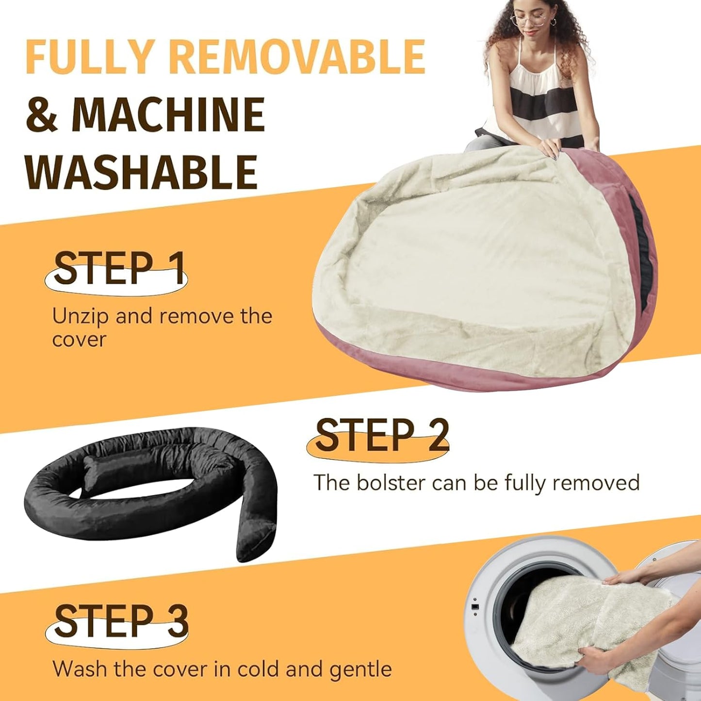 Orthopedic Waterproof Large Memory Foam Dog Bed: Washable Dog Bed with Bolsters - XXL Orthopedic Removable Cover for Medium Large Sized Pet - Non-Slip Bottom - Pink