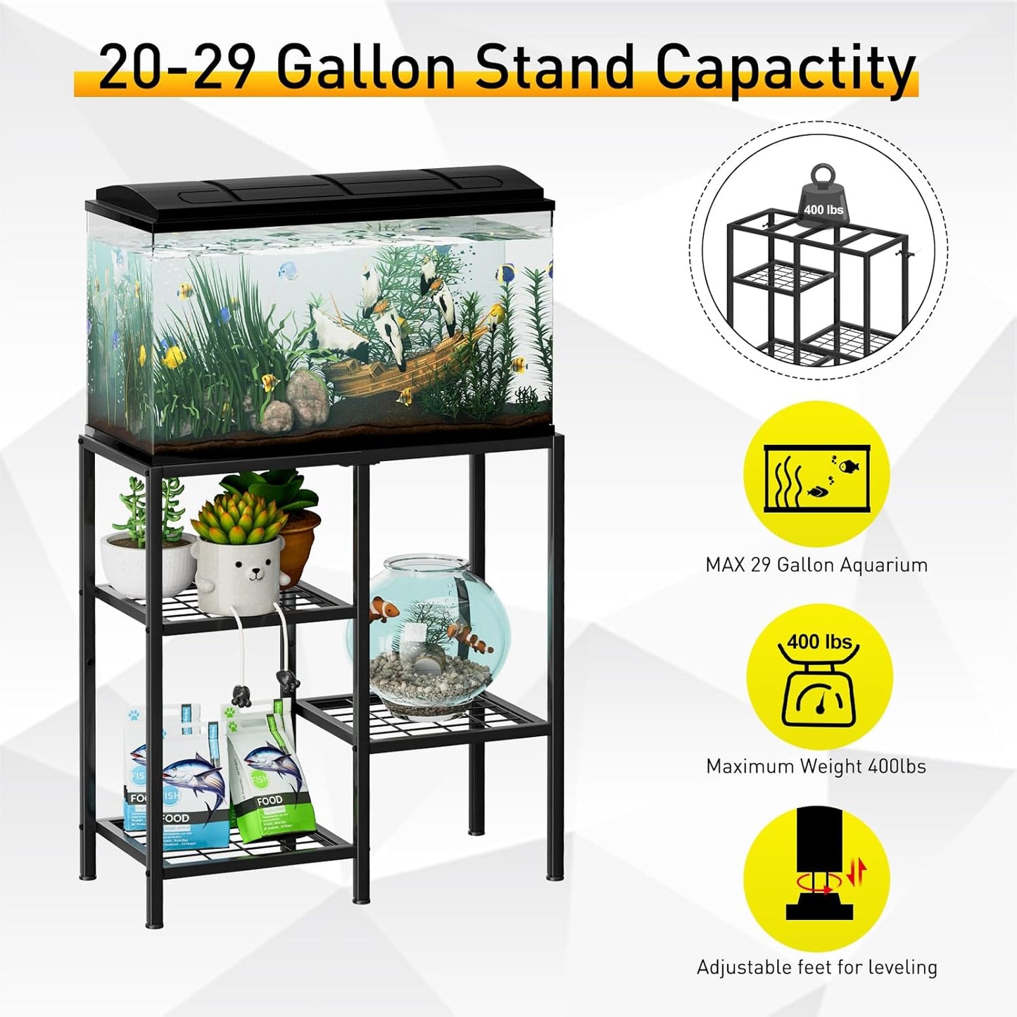 CADUKE Aquarium Stand 20 Gallon, Metal Fish Tank Stand, Aquarium Rack Stand for Fish Tank Accessories , 3 Tier Turtle Reptile Terrarium Stand for Living Room Office