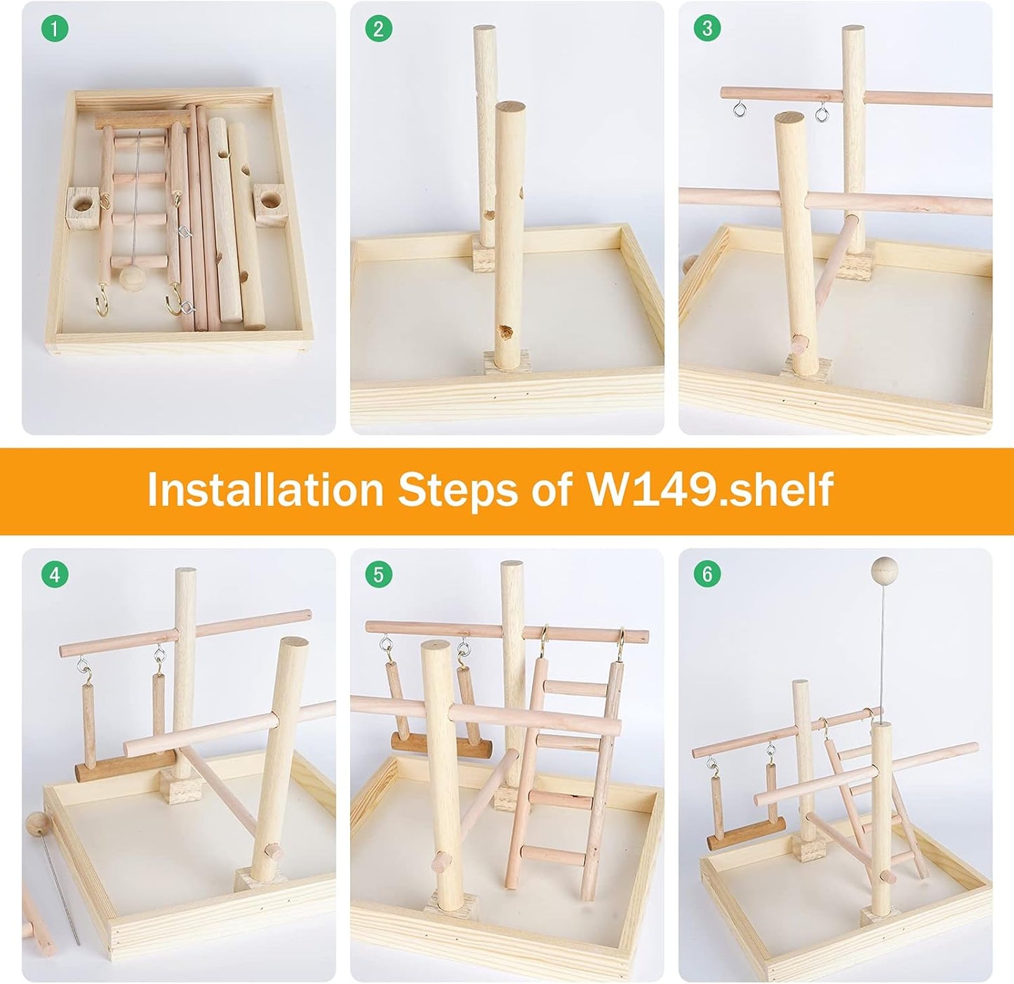 Budgie Perch Nature Wood Stand, Parrot Climbing Ladder Swing Chew Toy, Small Tabletop Bird Cage Play Gyms Playground for Parrots, Macaws, Love Birds, Finches, African Grey, Budgies