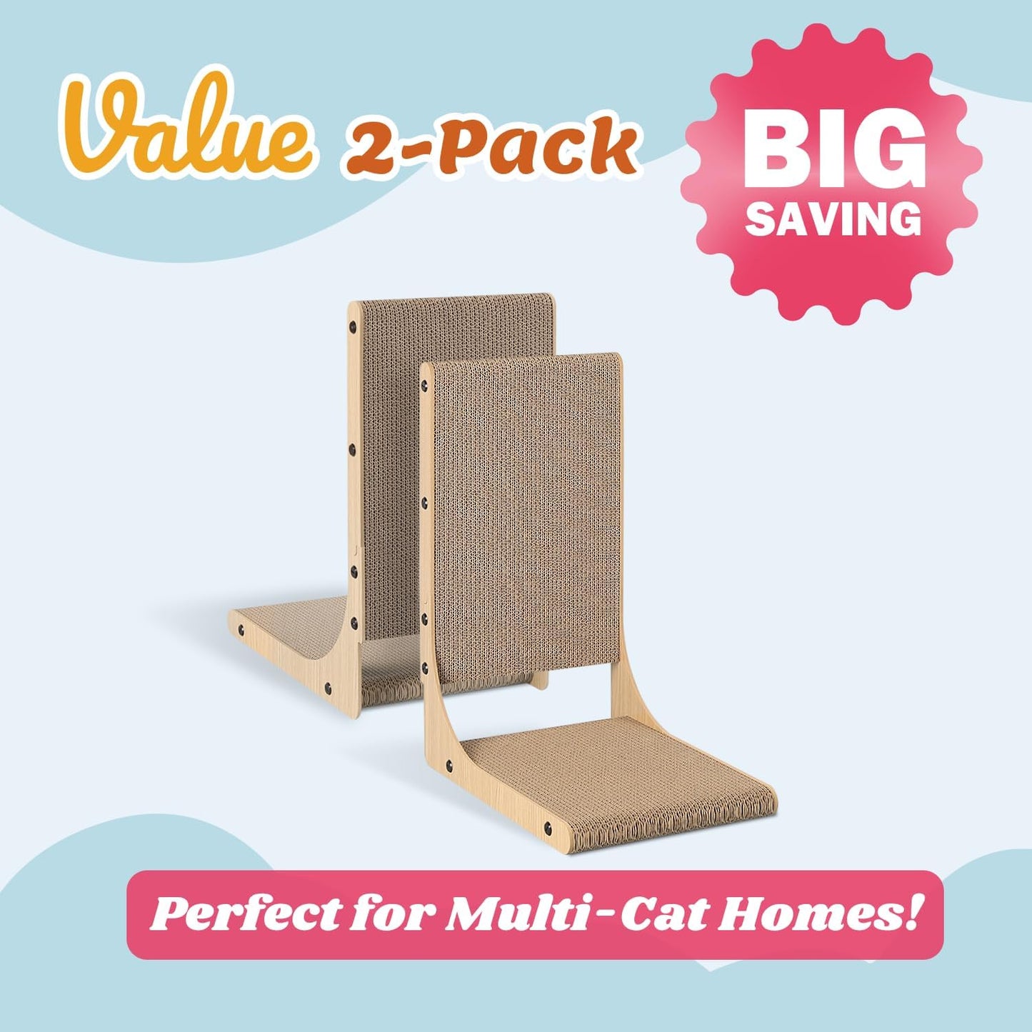 2-Pack Cat Scratching Board, 19.7'' Tall Cardboard L Shape Vertical Cat Scratchers for Indoor Cats, Cat Scratching Post for Wall and Couch, Medium