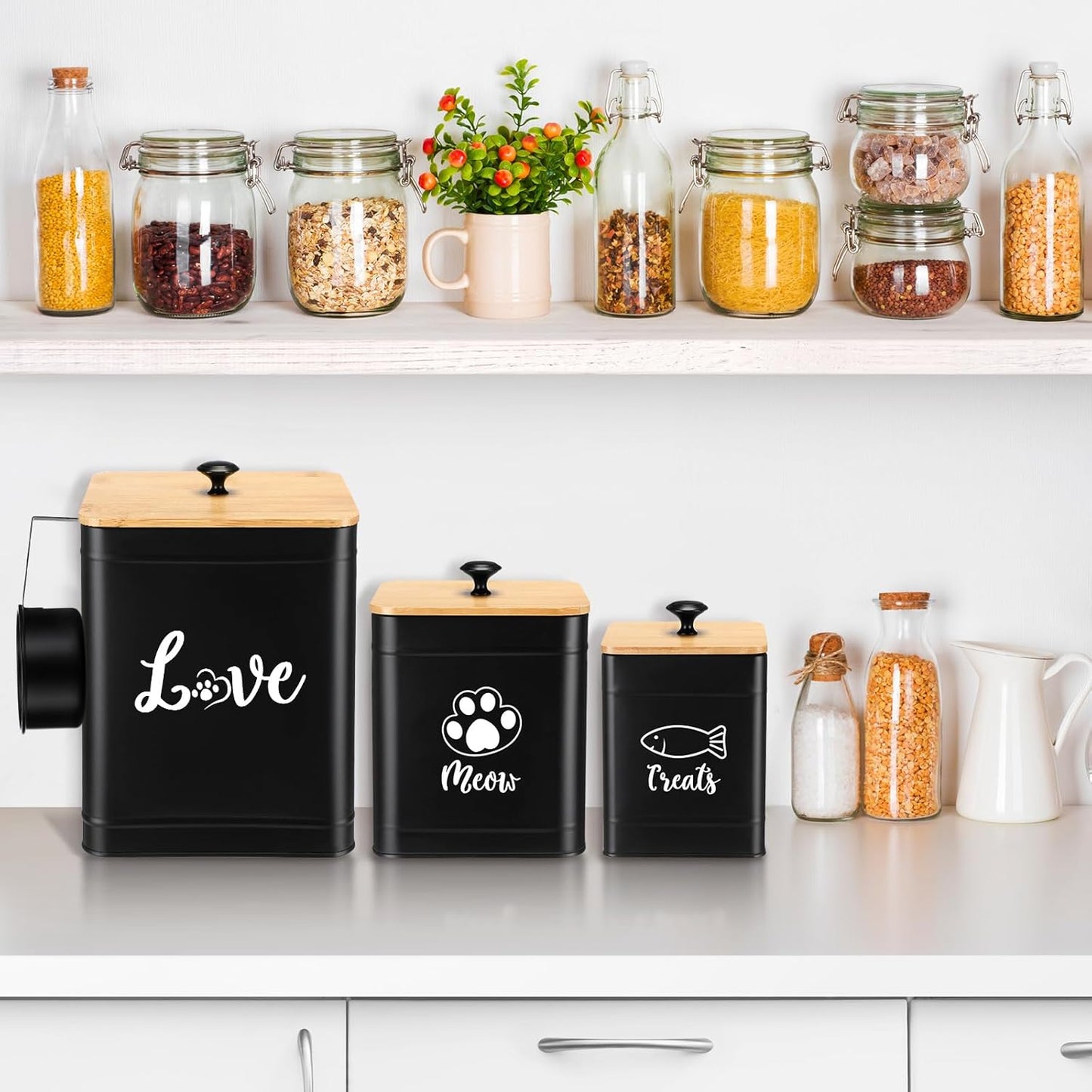 Metal Airtight Cat Food Containers Set of 3 with Bamboo Lids and Spoon 7+3+2 Lbs Cat Treat Storage Container Countertop with DIY Labels Pet Cookie Organizer Jars for Kitchen Counter(Black)