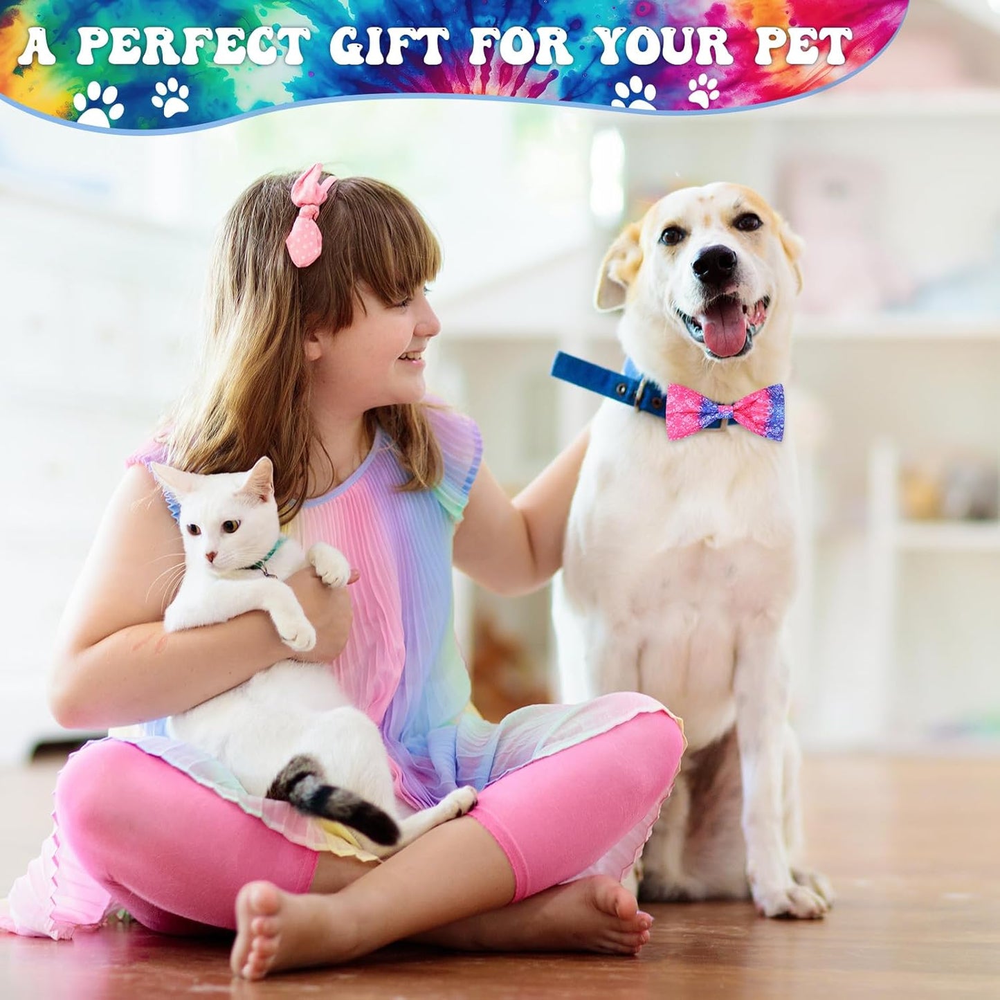 Reginary 50 Pieces Dog Bow Ties Pet Collar Bow Puppy Collar Attachment with Rubber Bands for Small Medium Cat Pet Grooming Charms Accessories Wedding Birthday Occasion(Tie Dye Style)