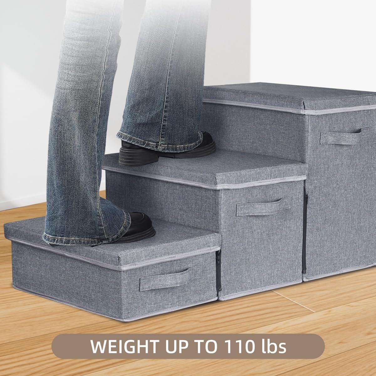 Pet Stairs with Storage, Pet Step for Small Dogs and Cats, 3-Step Folding Pet Steps with Zip, Cat Stairs Dog Steps for Bed, Couch and Car Ramp (Gray, 3 Steps no Condo)