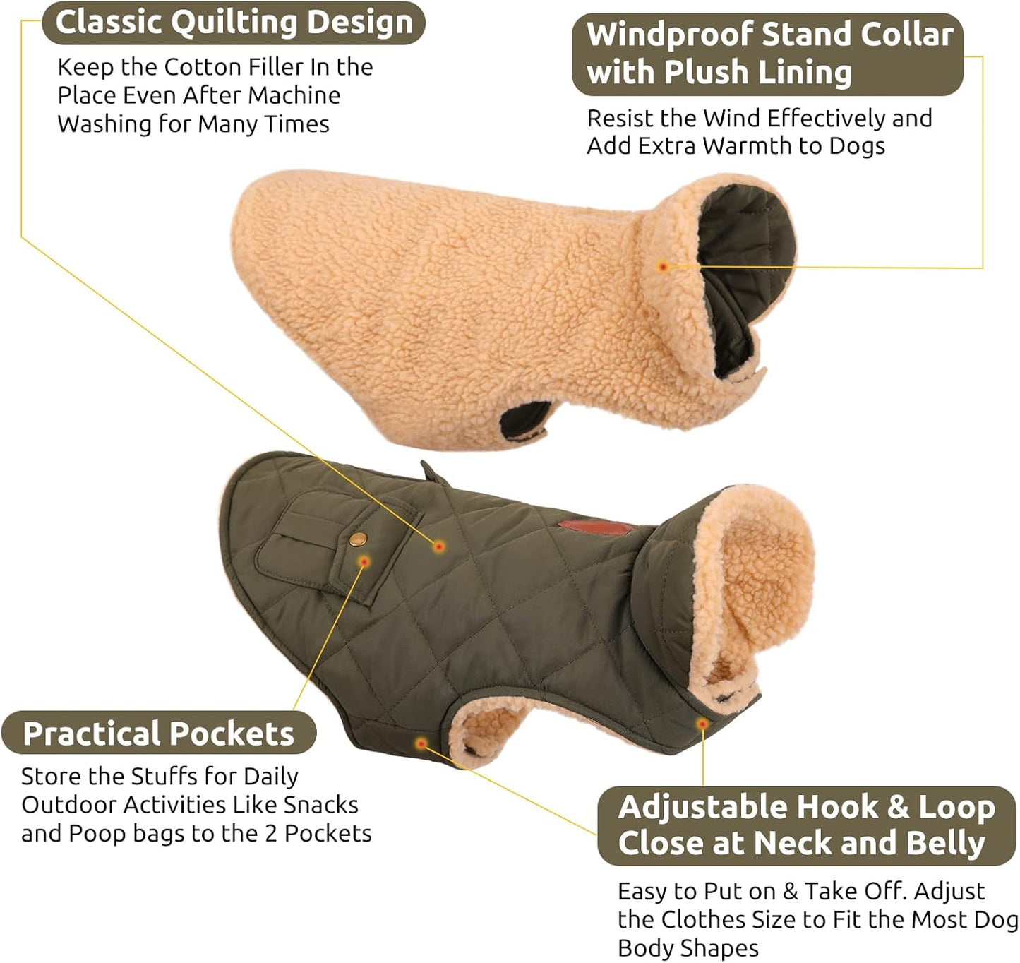 Queenmore Warm Dog Coat, Cold Weather Puffer Dog Jacket with Ultra Thick Plush Lining, Storage Pockets (Green, Large)