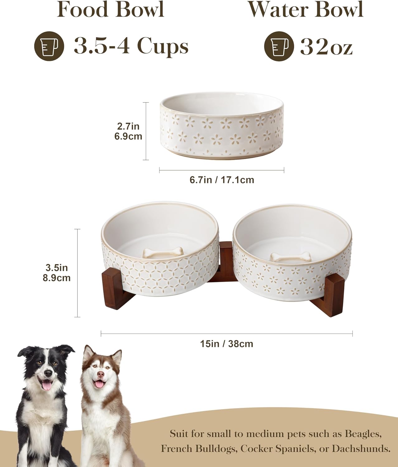 MALACASA Dog Bowl Set with Walnut Wood Stand, 3.5 Cups Ceramic Pet Bowls for Puppy Dogs, Dual Food and Water Bowls with Non-Slip Base, Basic Bowls for Your Dog or Cat, Five-Leaf Grass & Honeycomb