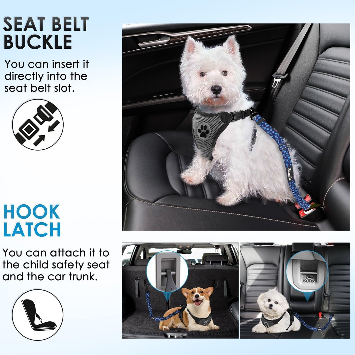 Lukovee Dog Seatbelt Leash for Cars, 2 Pack Pet Safety Car Seat Belt with Adjustable Buckle & Reflective Bungee, Connect Dog Harness in Vehicle Car Dogs Restraint Travel Daily Use (Blue Paw)