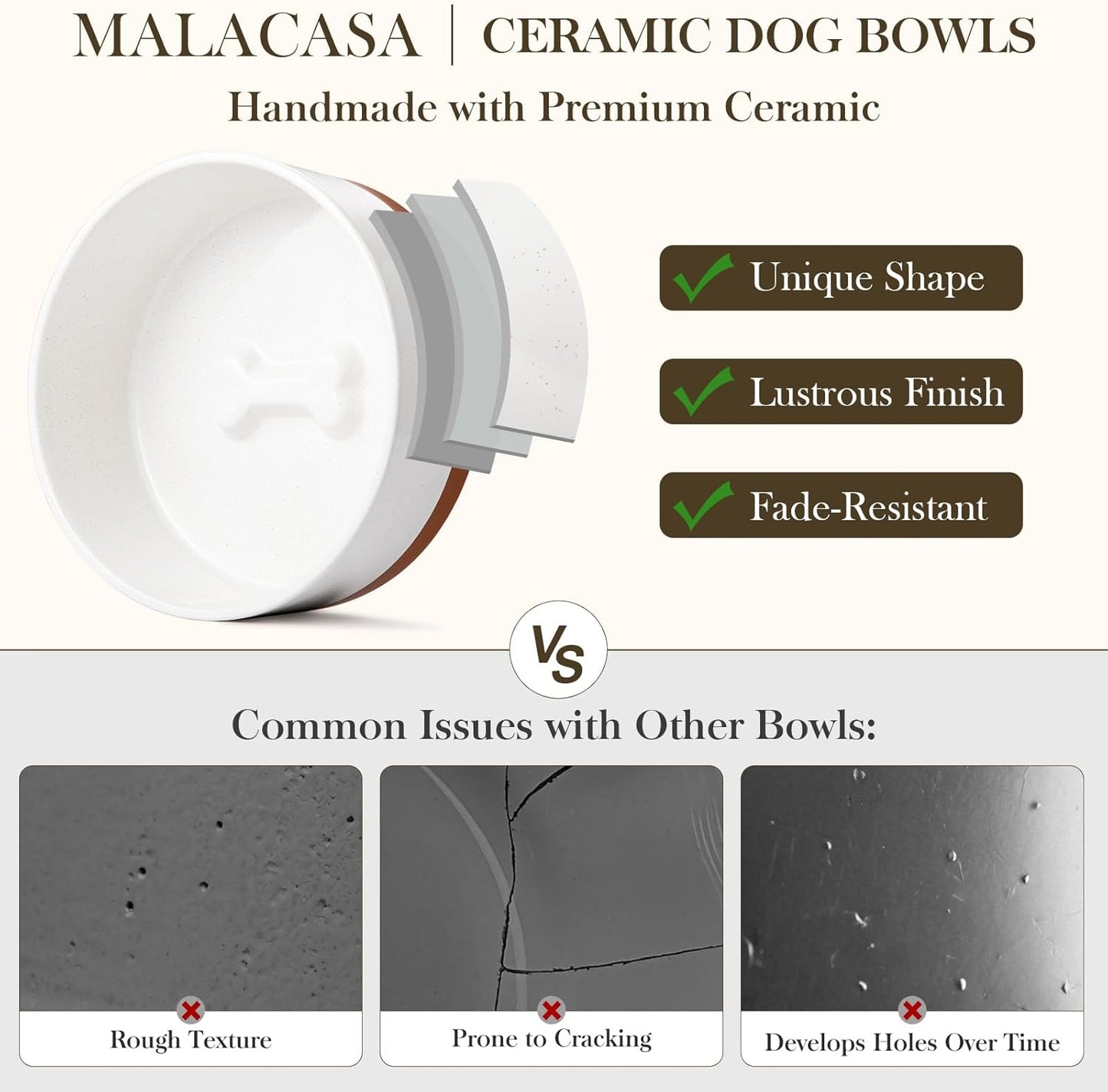 MALACASA Ceramic Dog Bowls, Dog Water/Food Dish with Wood Stand Non-Slip,14oz, Pet Basic Bowls for Your Puppy, Small Dogs or Cats,Glaze Matte Weighted Non-Slip (S-1.5 Cups)