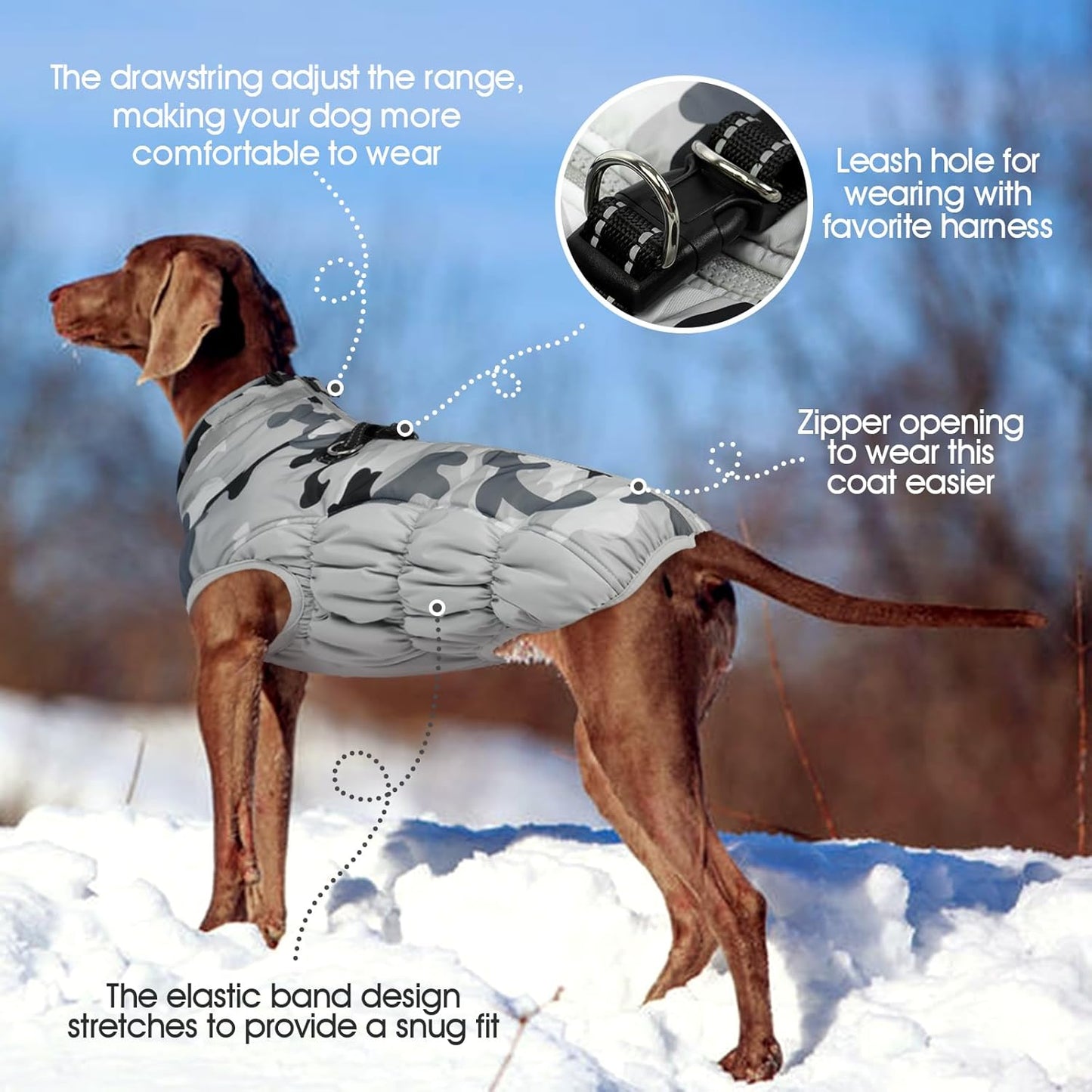 FUAMEY Dog Coat for Large Dogs,Waterproof Dog Winter Jacket with Harness Built in Puppy Cold Weather Coats Reflective Pet Vest with Zipper Warm Fleece Dogs Snowsuit Windproof Grey Camo XXXL
