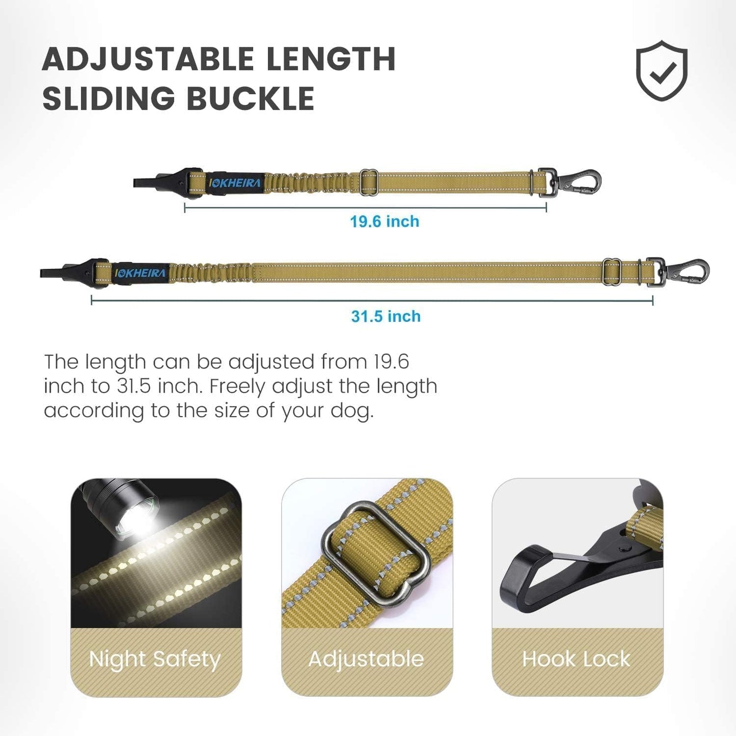 IOKHEIRA Dog Seat Belt 3-in-1 Car Harness for Dogs Adjustable Safety Seatbelt for Car Durable Nylon Reflective Bungee Fabric Tether with Clip Hook Latch & Buckle, Swivel Zinc Alloy Carabiner Green