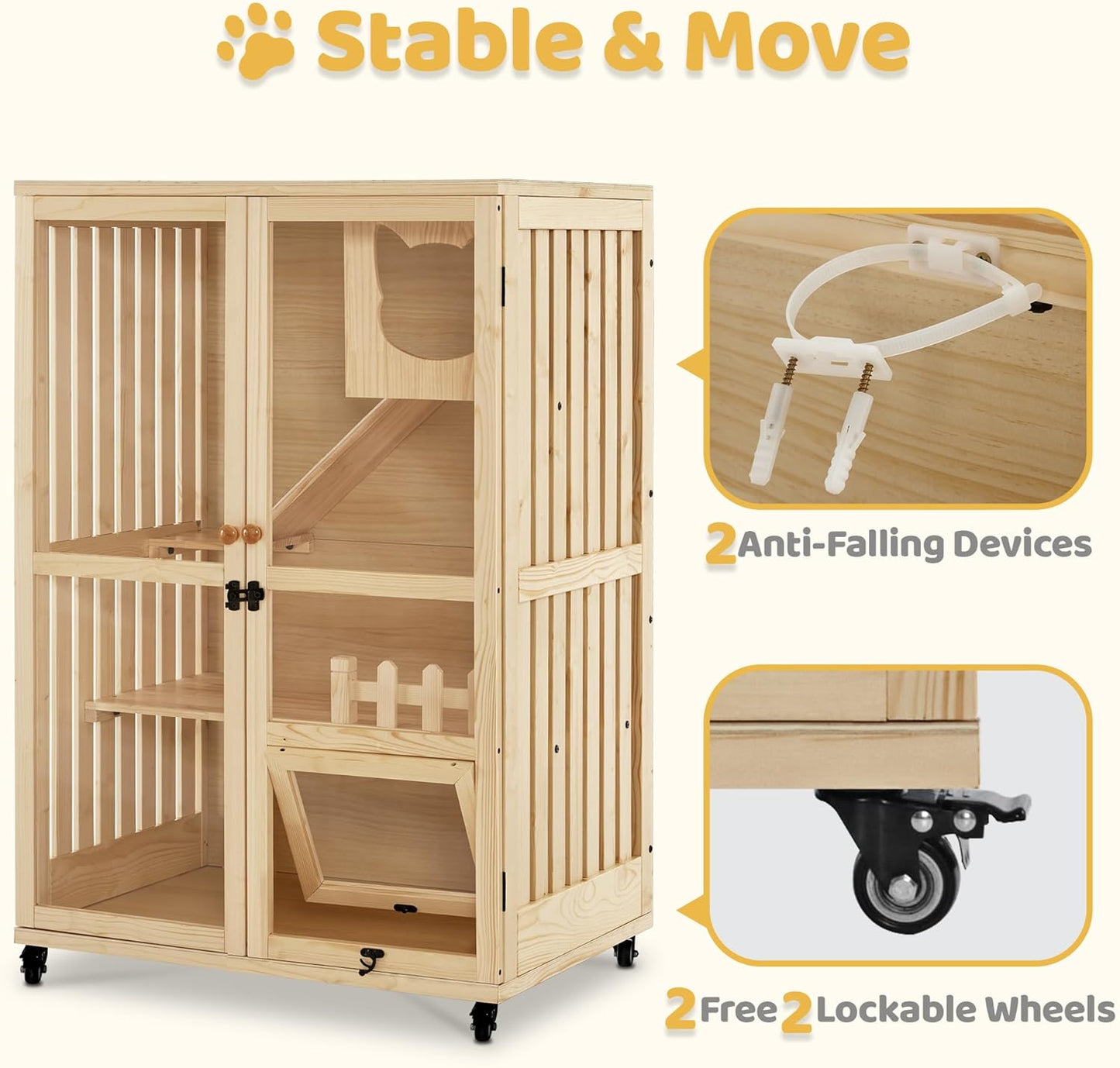 MCombo Wooden Cat Houses for Indoor Cats, Luxury Kitten House with Scratching Pad, Lockable Doors, Wheels, CT090